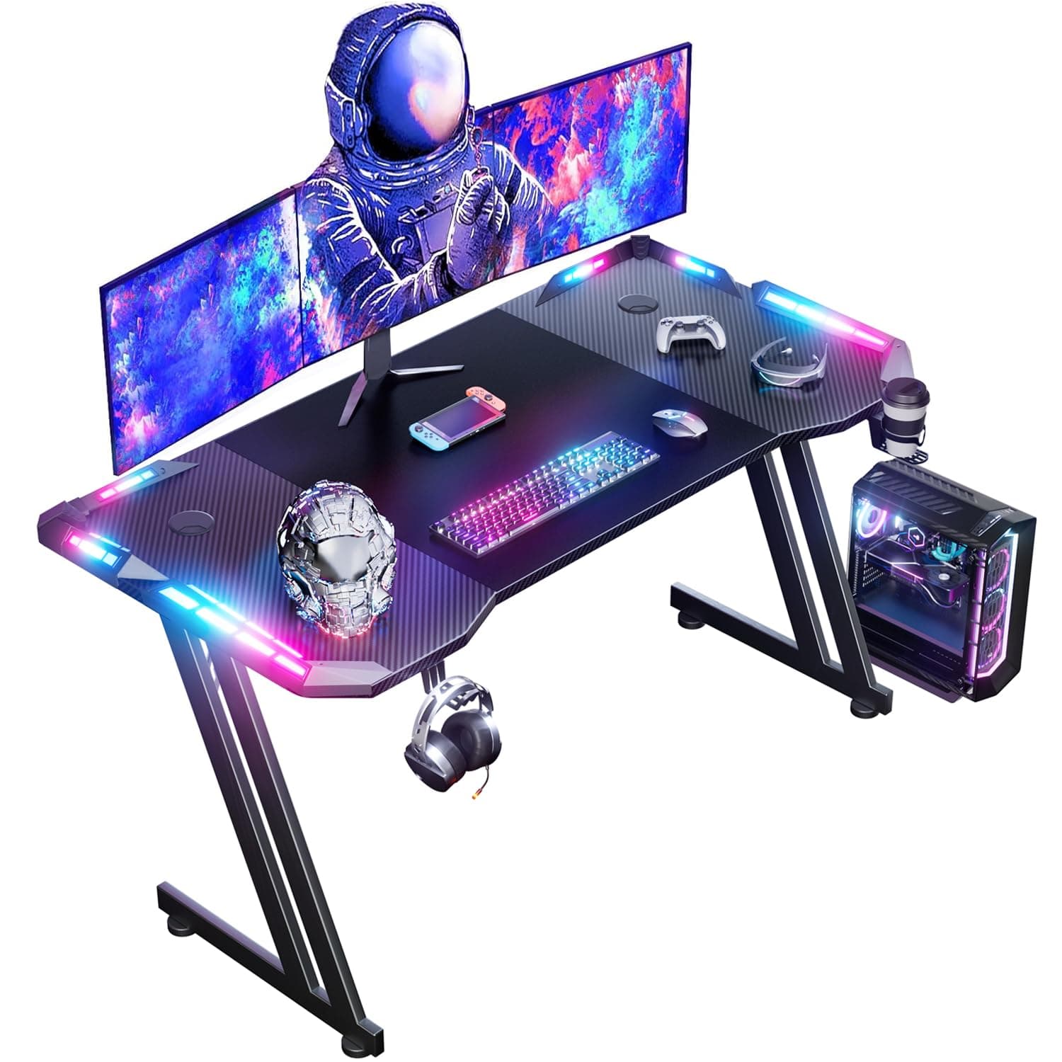 DLONGONE Gaming Desk 140x60cm with LED Lights, Z Shaped Gamer Desk, Black | Computer Table with Headphone Hook and Cup Holder, Carbon Fiber Desktop, Easy to Assemble, for Home Office
