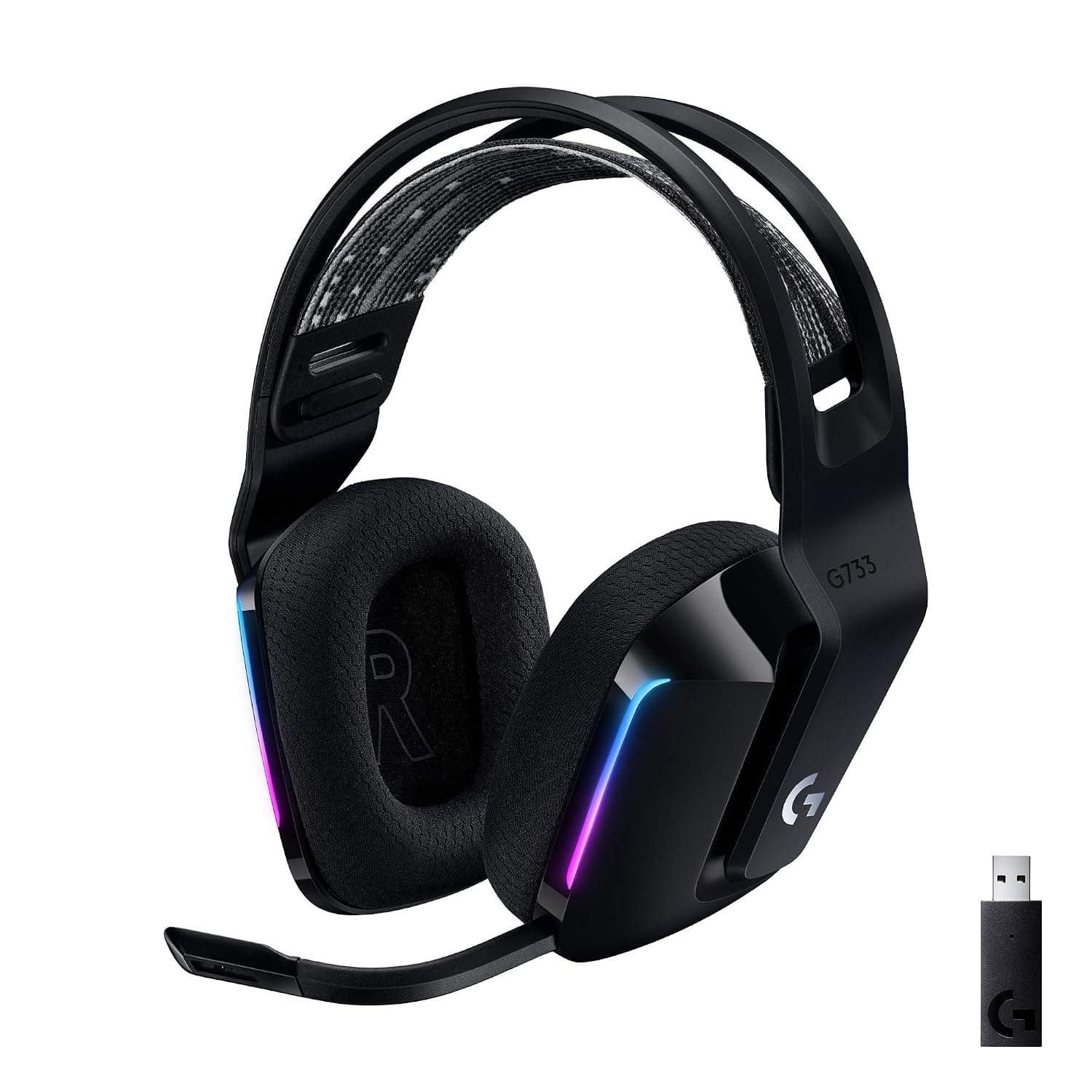 Logitech G G733 LIGHTSPEED Wireless Gaming Headset with suspension headband | LIGHTSYNC RGB, Blue VO!CE mic technology and PRO-G audio drivers, Lightweight, 29 Hour battery life, 20m range - Black