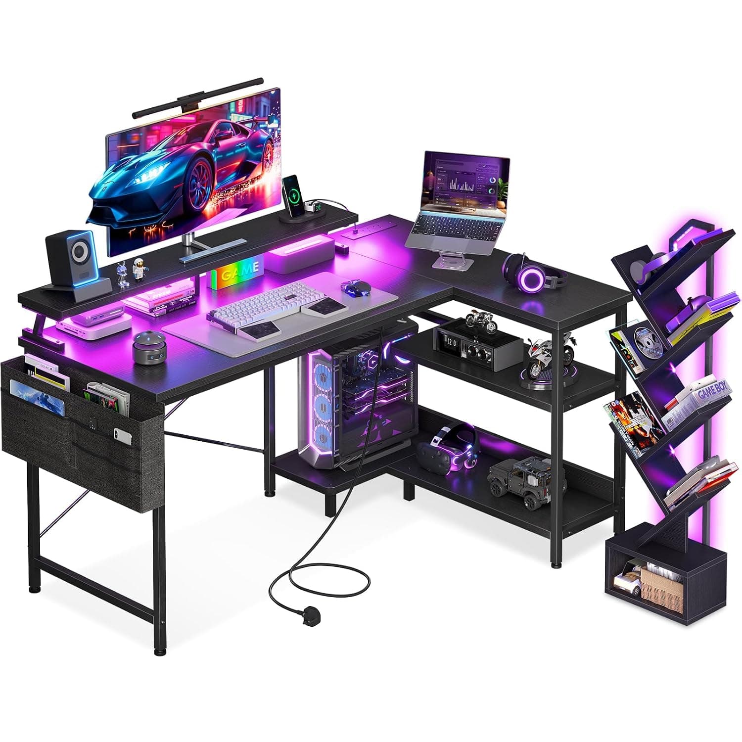 Coleshome L Shaped Gaming Desk with LED Lights & Power Outlets + 6-Tier Tree Bookshelf Bundle, 120x80cm Computer Desk with Monitor Stand and Floor Standing Bookcase for Living Room and Bedroom, Black