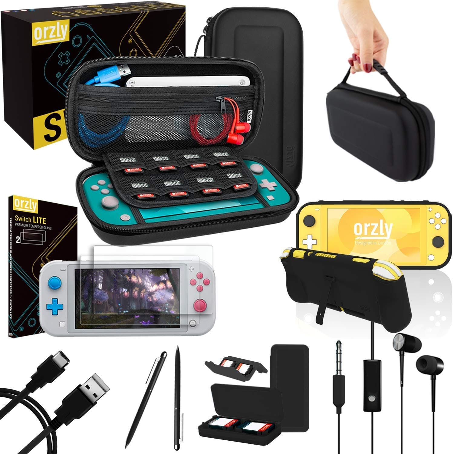 Orzly Switch Lite Accessories Bundle - Case & Screen Protector for Nintendo Switch Lite Console, USB Cable, Games Holder, Comfort Grip Case, Headphones, Thumb-Grip Pack & More