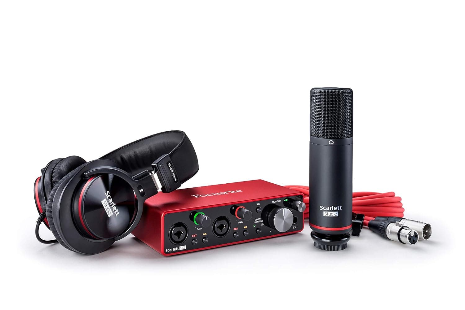 Focusrite Scarlett 2i2 Studio 3rd Gen USB Audio Interface Bundle for the Songwriter with Condenser Microphone and Headphones for Recording, Streaming and Podcasting, Red