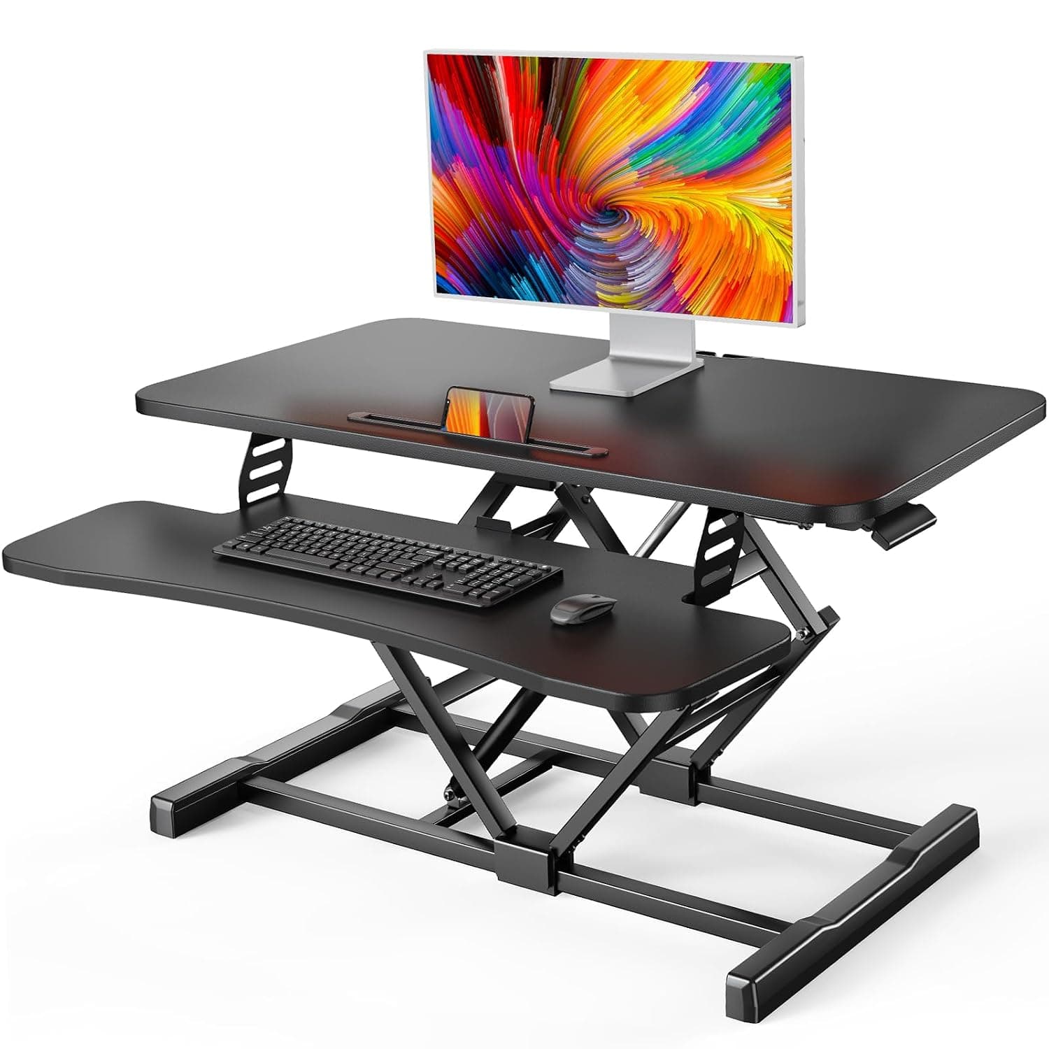 HUANUO Standing Desk Converter, 32” Sit to Stand Desk with Keyboard Tray, Height Adjustable Stand Up Desk Riser for Home Office, Dual Monitor and Laptop Workstation, Black