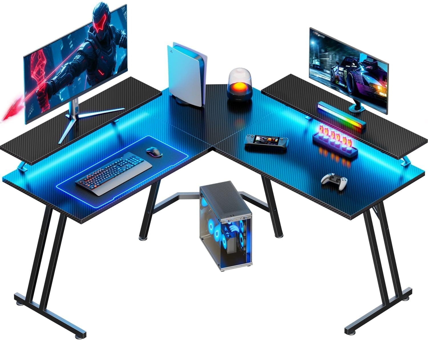 Precision Synergie L Shaped Gaming Desk, Computer Desks with LED Lights | 130x130x74cm Corner Desk with Monitor Stand, PC Table for Gaming Home Office, Carbon Fibre Black