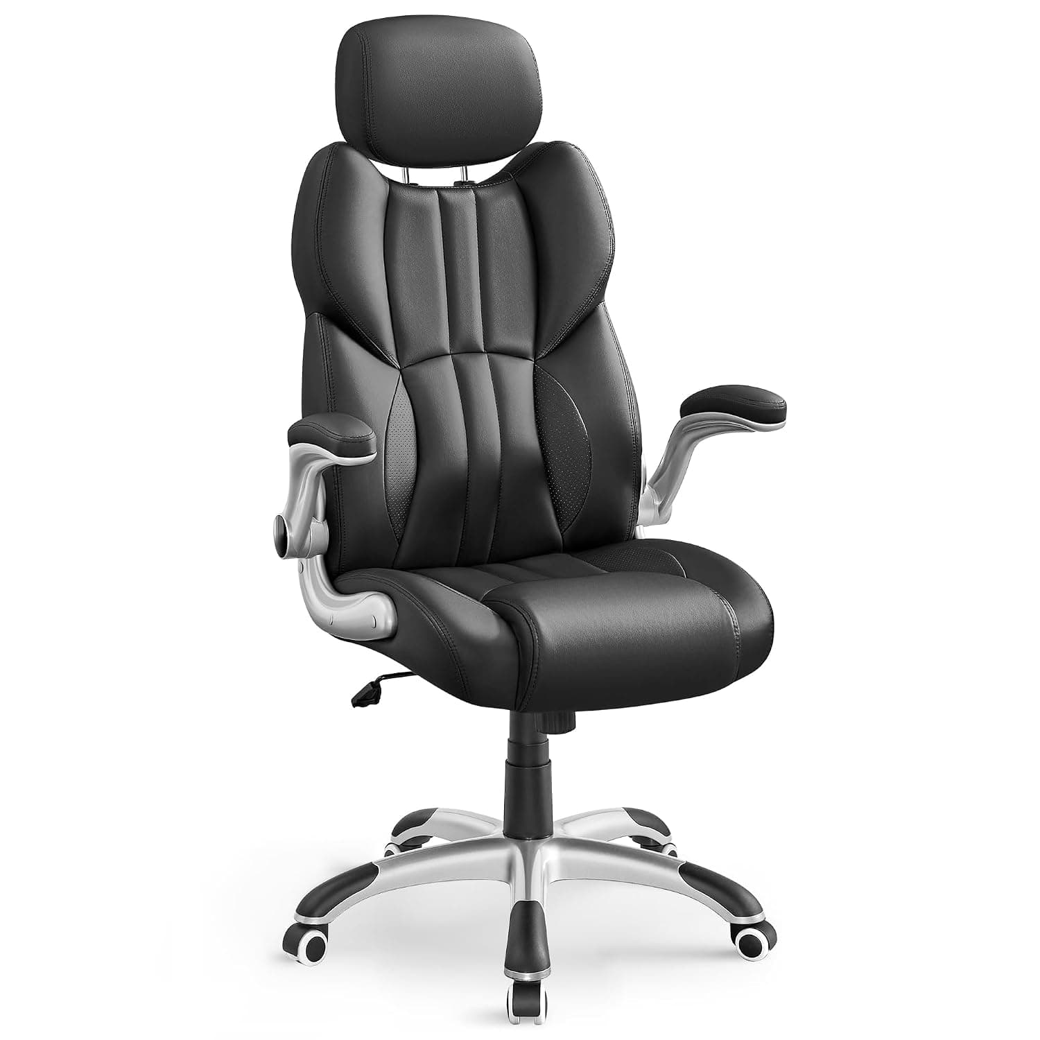 SONGMICS Office Chair, Ergonomic Gaming Chair, Adjustable Headrest | Tilt Function, Foldable Armrests, Swivel Castors, Ink Black, OBG65BKUK