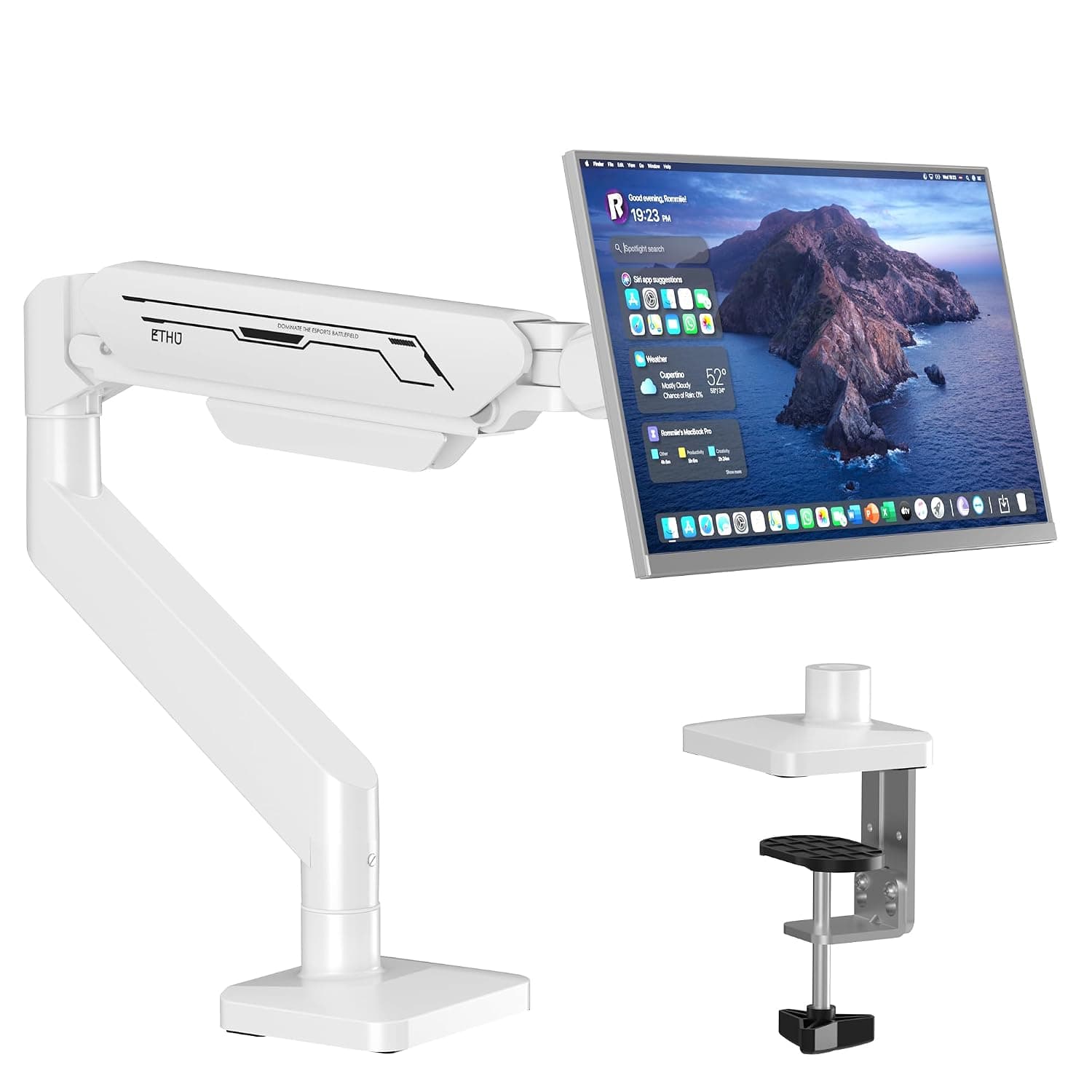 ETHU Single Gas Spring Monitor Arm for 17-38" Screens up to 12kg | Heavy Duty Gas Spring Desk Mount, Full Motion VESA Stand, C-Clamp and Grommet Installation, White