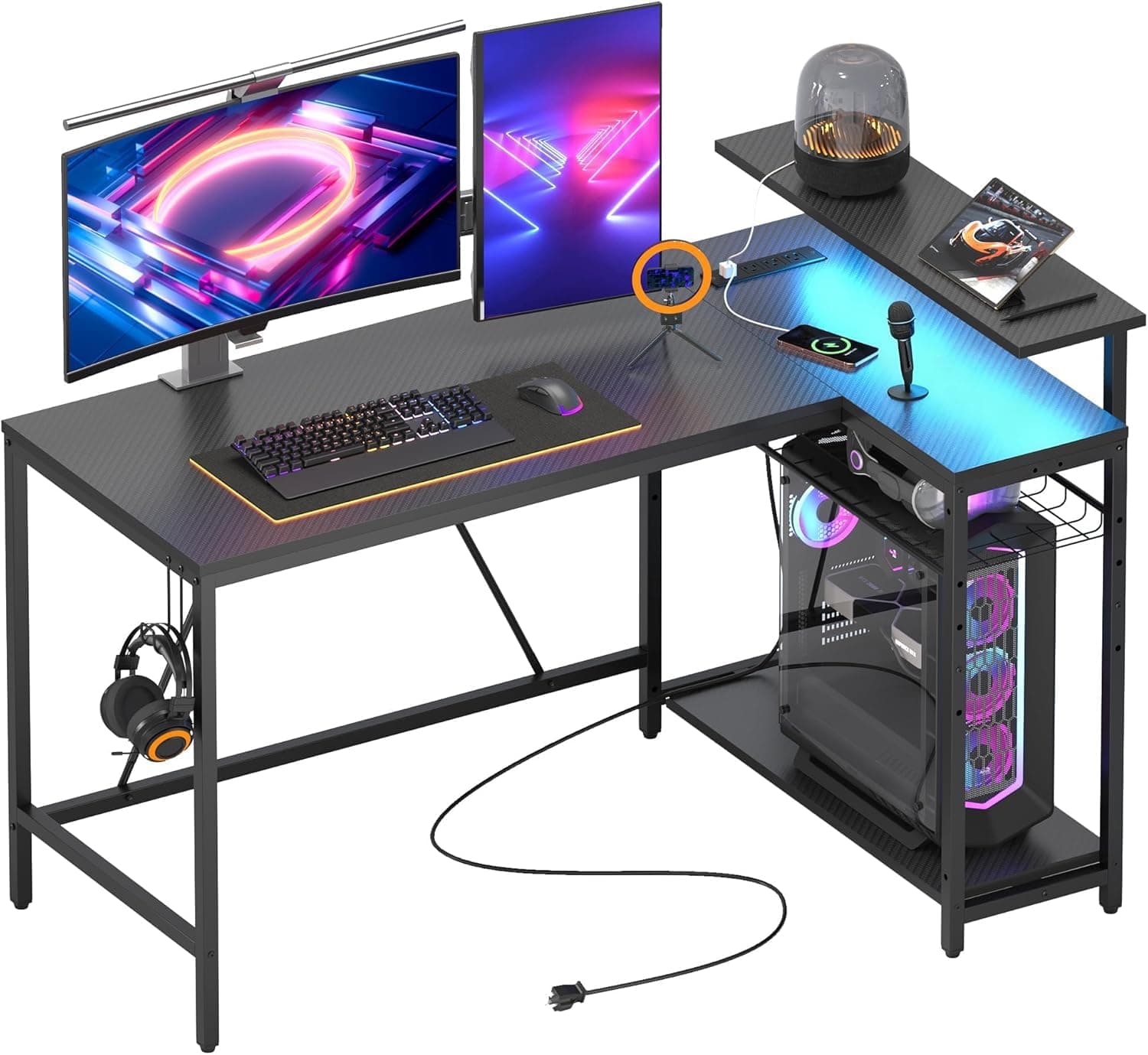 Bestier 132.5CM L-Shaped Workstation with Carbon Fibre Surface, 3 Power Outlets & 2 USB Ports, LED Strip Lights – Reversible Corner Unit with Shelves & Hooks for Home Office & Gaming