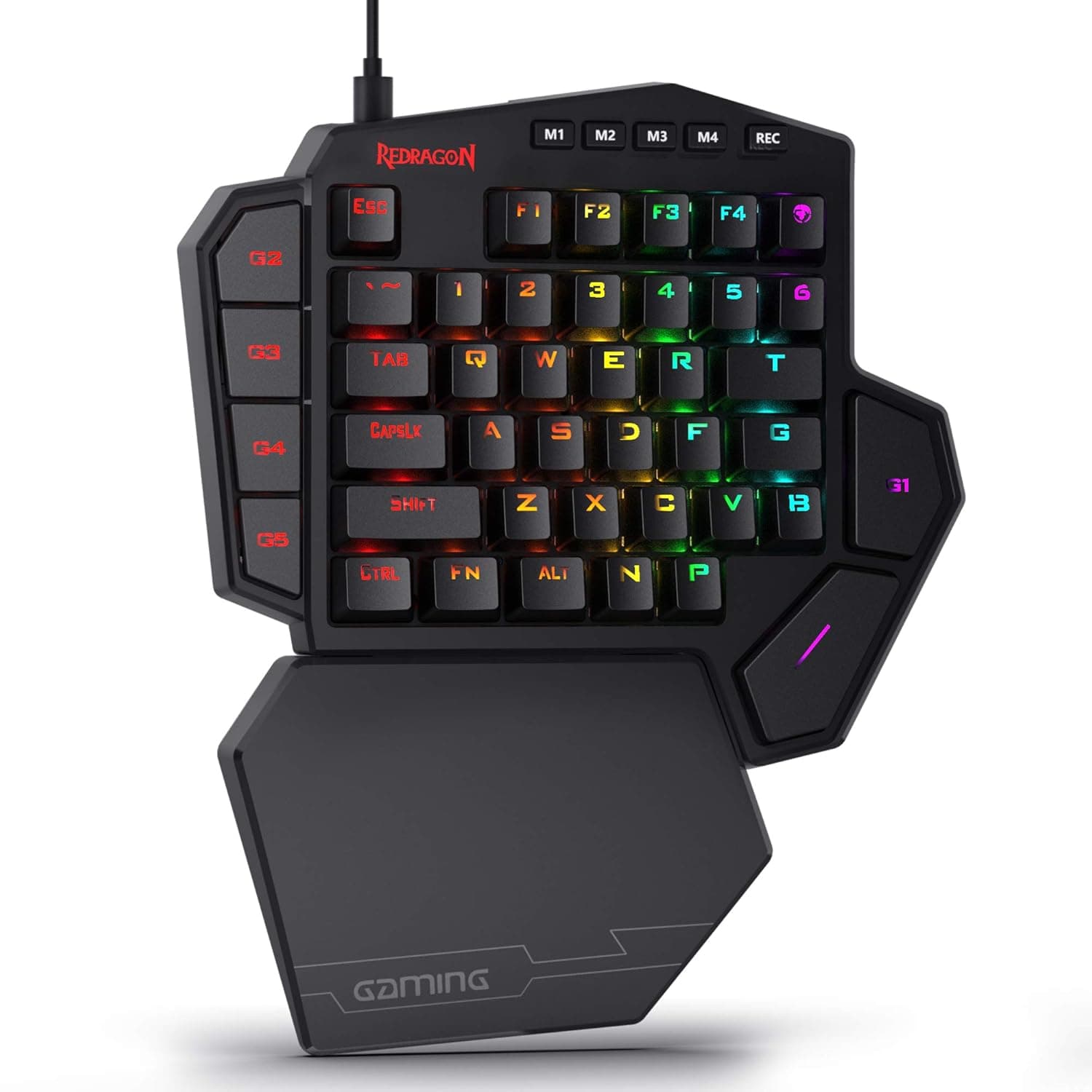 Redragon K585 DITI One-Handed RGB Mechanical Gaming Keyboard, Brown Switches, Type-C Professional Gaming Keypad with 7 Onboard Macro Keys, Detachable Wrist Rest, 42 Keys | On Board 28 Combo Slots 4 Profiles Keyboard, USB Pass-Through Port, 16.8M Colors, Swap-Ready Socket, Detachable Wrist Rest