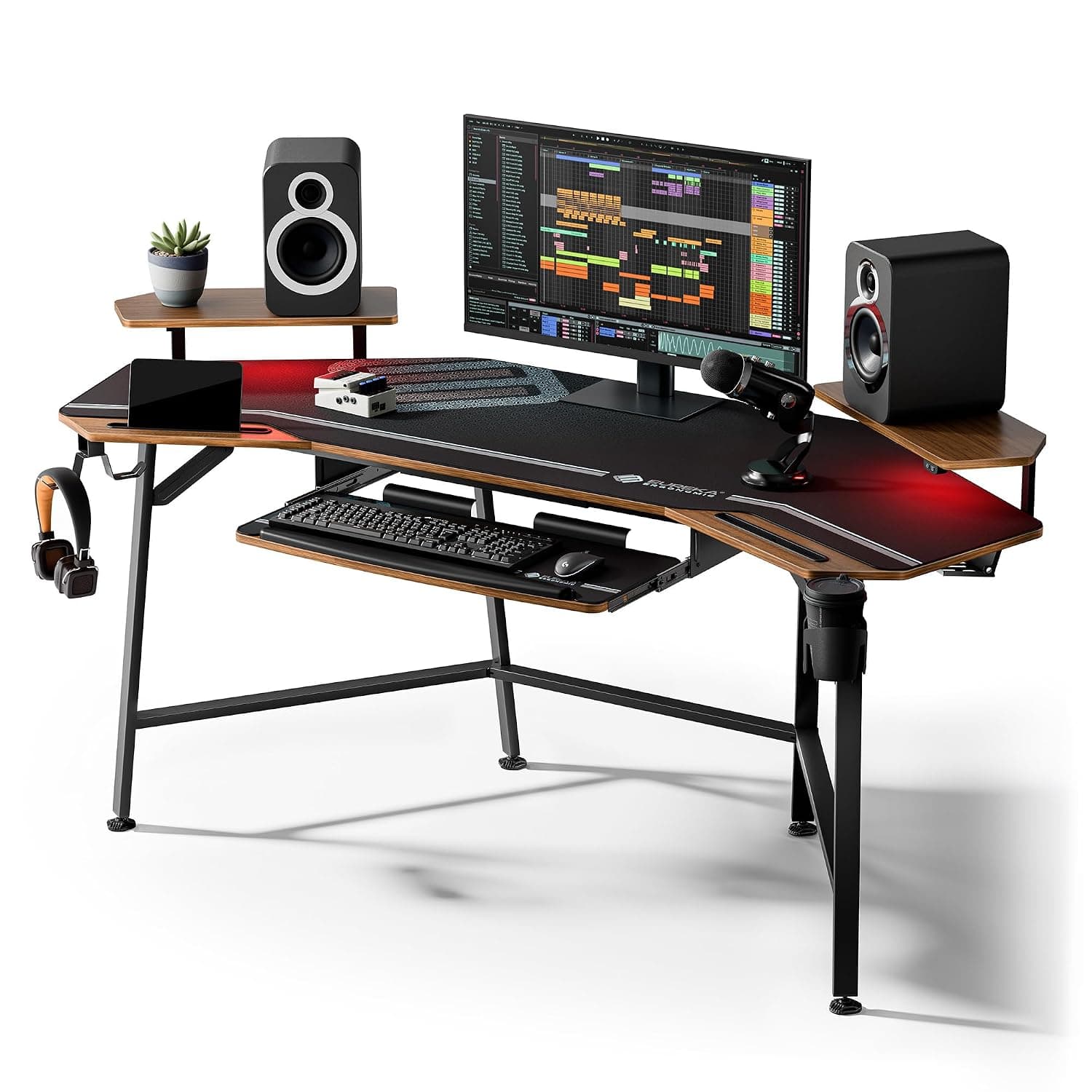 EUREKA ERGONOMIC Gaming Desk with LED Lights 182 x 76cm Wing Shaped Computer Desk Large Office Computer Workstation PC Table w Keyboard Tray, Dual Monitor Shelves,Dual Headphone Hanger Cup Holder
