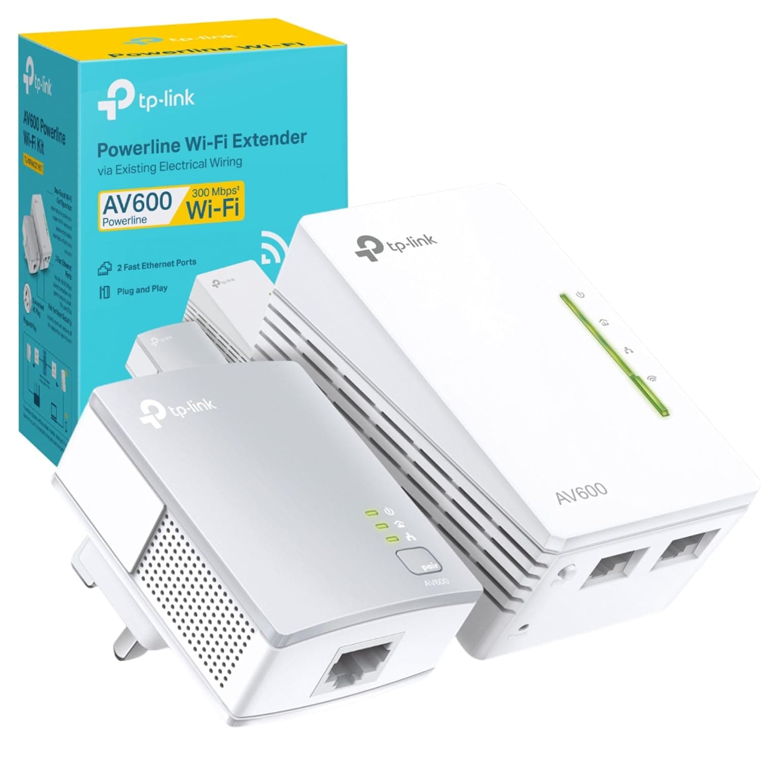 TP-Link TL-WPA4221 KIT AV600 Powerline WiFi Extender Kit, Up to 300Mbps, 2+1 Ethernet Ports, HomePlug AV, Wi-Fi Hotspot, Boost Home Internet Signal, Powerline Adapters, Plug & Play, UK Plug
