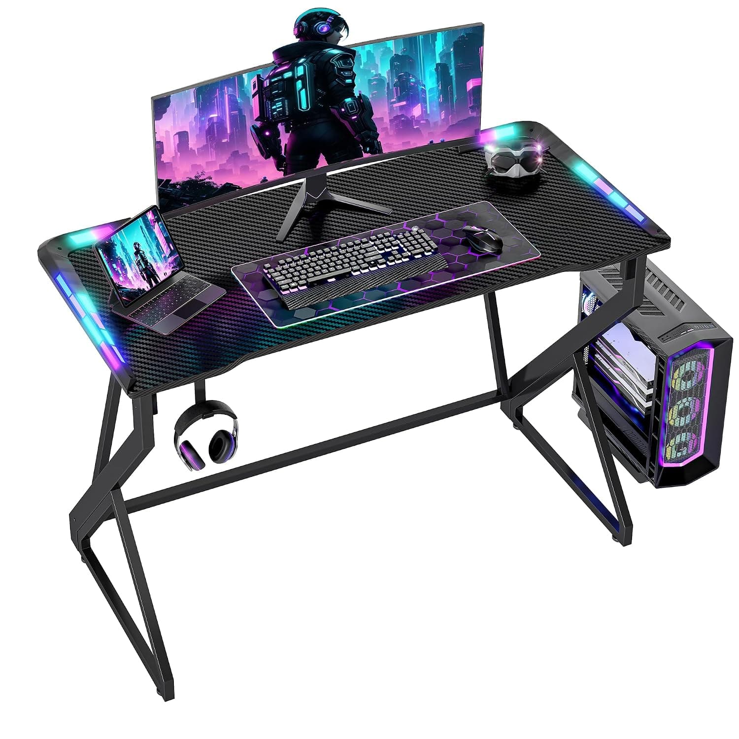 BEXEVUE Gaming Desk with LED Armor, 100x50 cm RGB Computer Desk with Carbon Fiber and Z Frame Design Gaming PC Desk with Head Phone Hook for E-sport Gamer Table, Easy Assemble Home Office desk, Black