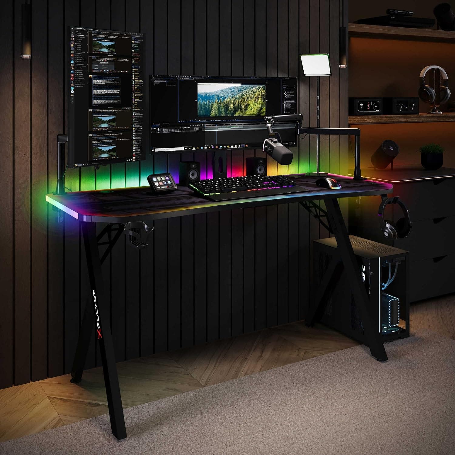 X-Rocker Lumio XL 140cm x 60cm, RGB LED Gaming Desk - App-Controlled Lights, Large Dual Monitor, Headphone Hook, Cup Holder, Sturdy Metal Frame for Adults & Kids - Black - Mouse Mat Included