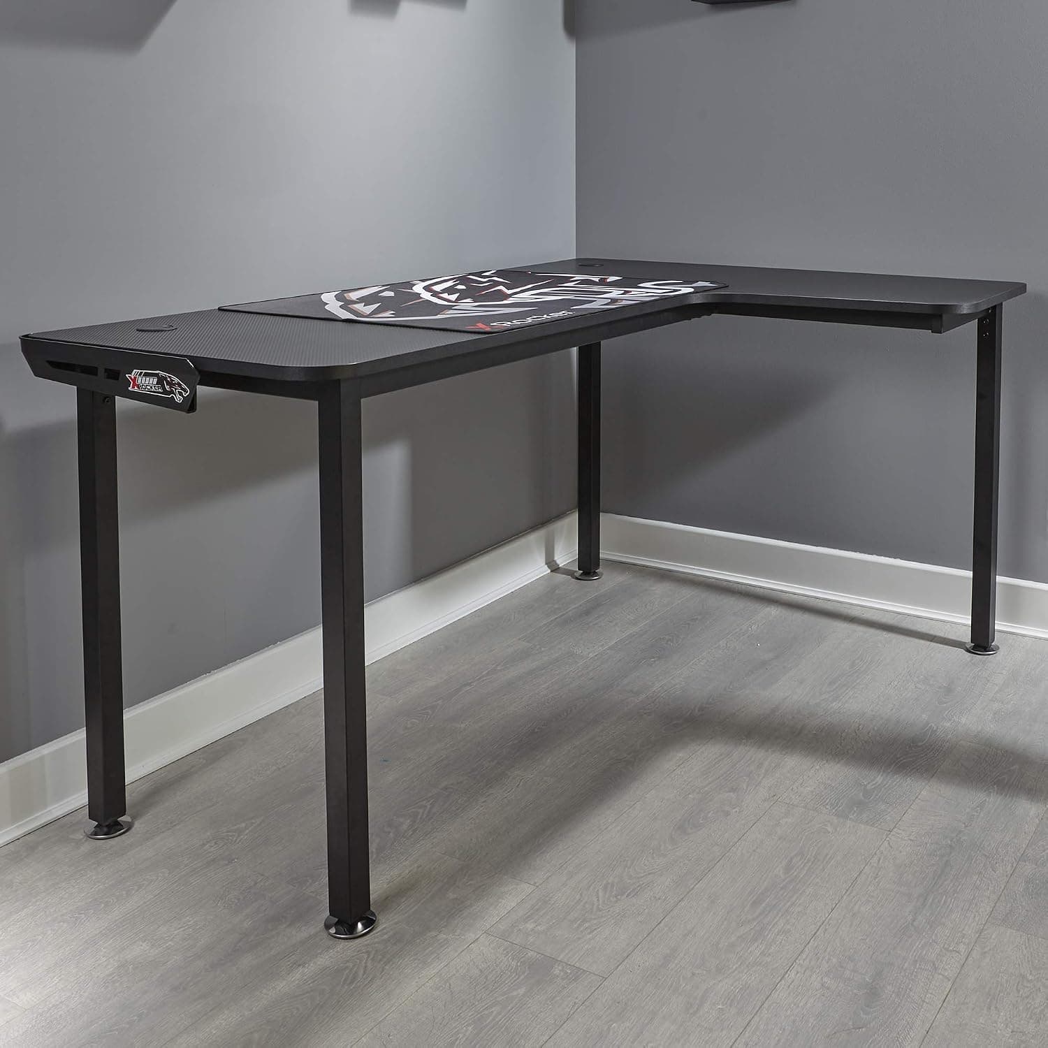 X-Rocker Panther XL L Shaped Gaming Desk, Right-Hand Corner Desk 158 x 110cm Long Table Stable Desk, L Shape Computer Workstation, Ultra Wide with FREE Large Mouse Mat - Grey Carbon Fibre Effect