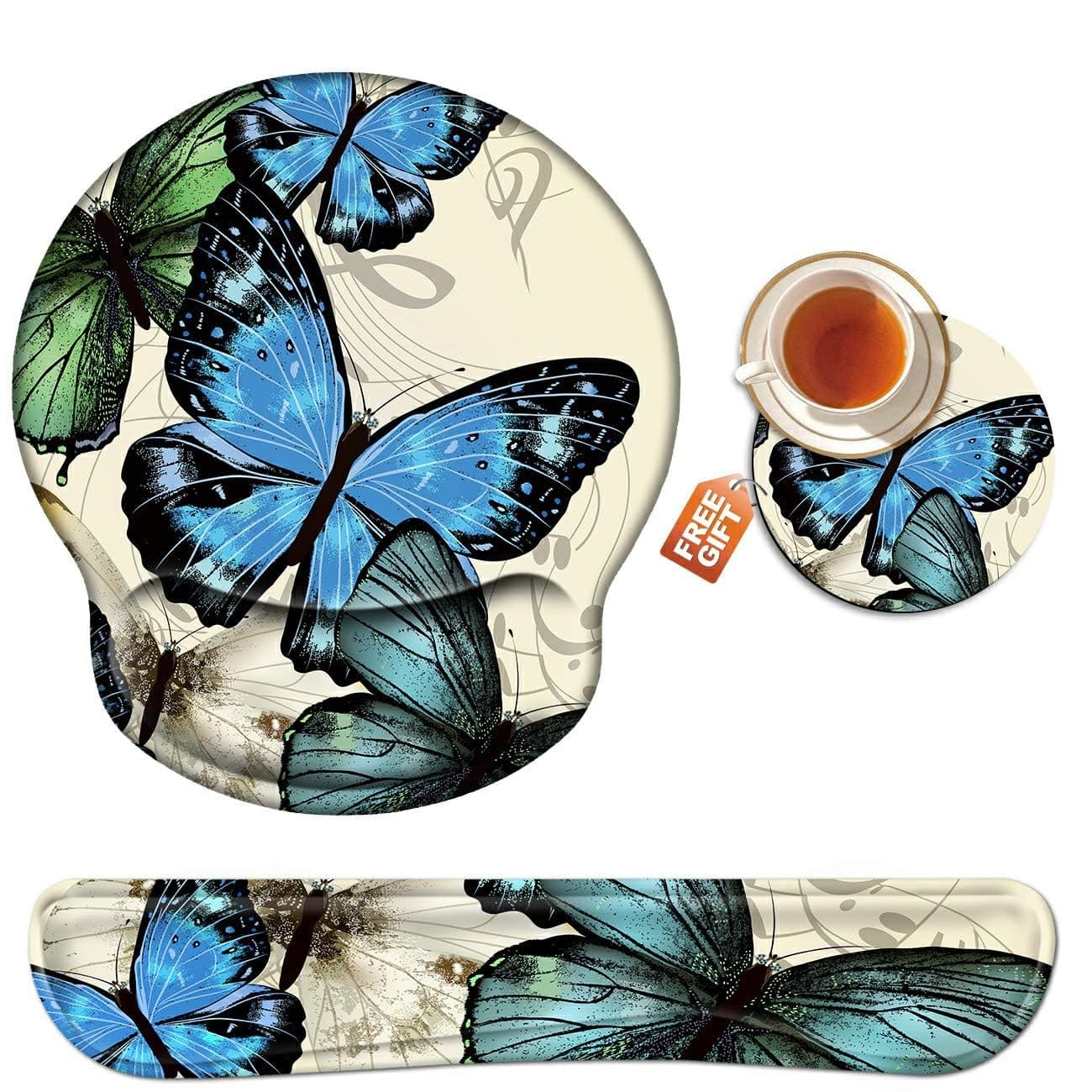 Wrist Rest for Computer Keyboard and Mouse Pad with Wrist Support Gel, Blue Butterfly Ergonomic Mousepad Comfortable Keyboard Pad Set Non-Slip Base Come with A Cute Coaster