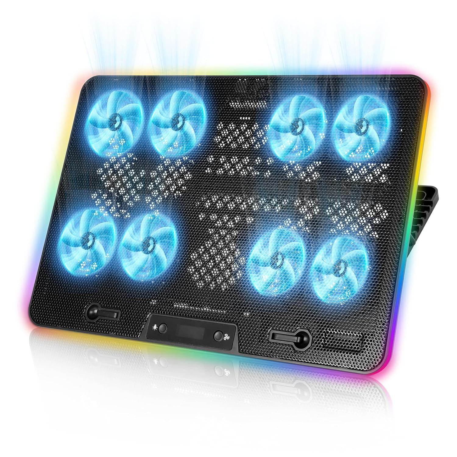 Laptop Cooling Pad, 8-Fan Adjustable Laptop Cooler with RGB LED Display | 7-Level Height Stand for 12-17 Inch Notebook Quiet, Dual USB Ports & Phone Holder, Manual Speed Control