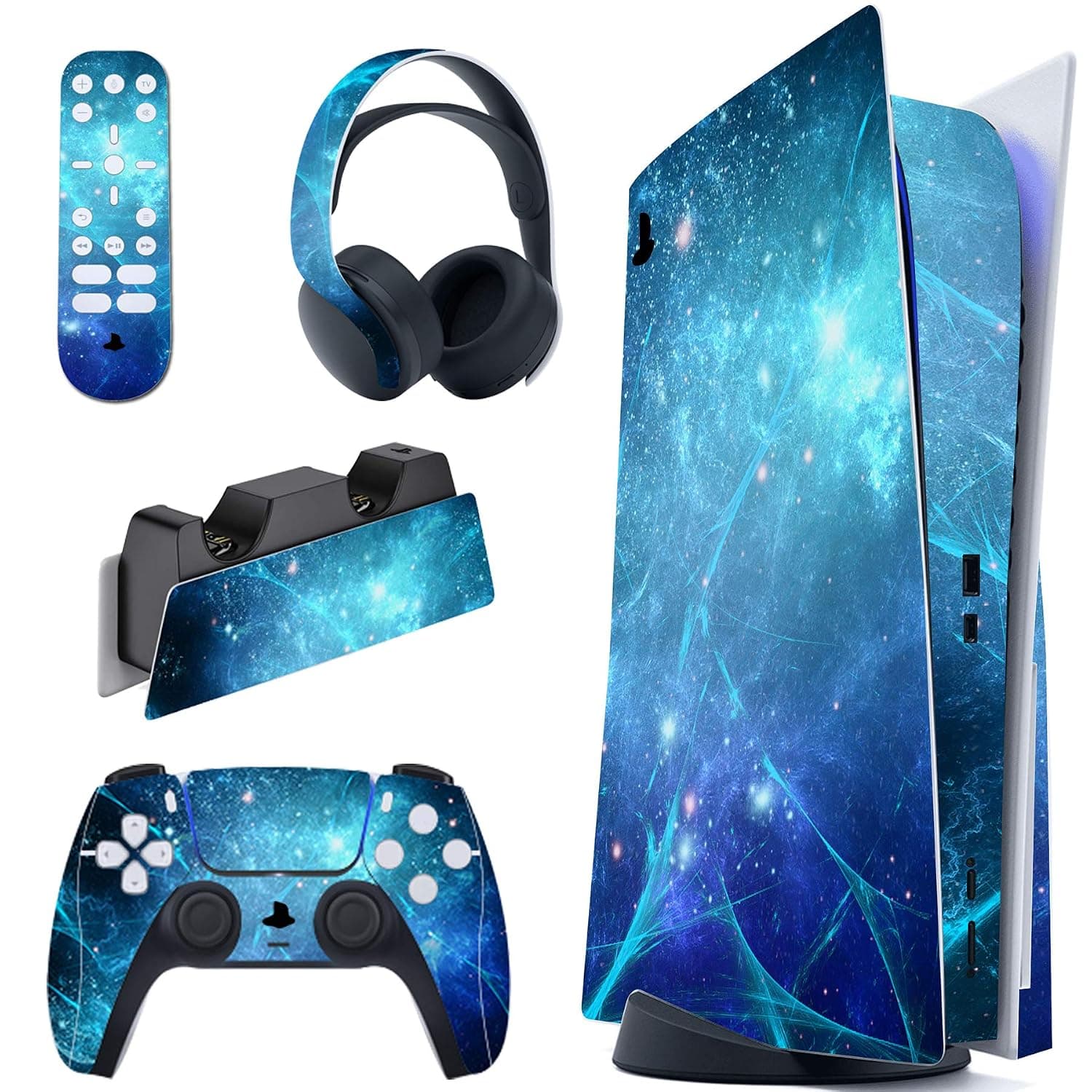 PlayVital Blue Nebula Full Set Skin Decal for ps5 Console Disc Edition,Sticker Vinyl Decal Cover for ps5 Controller & Charging Station & Headset & Media Remote | Sticker for PS5 Console Disc Edition & Charging Station & Headphones & Remote Control