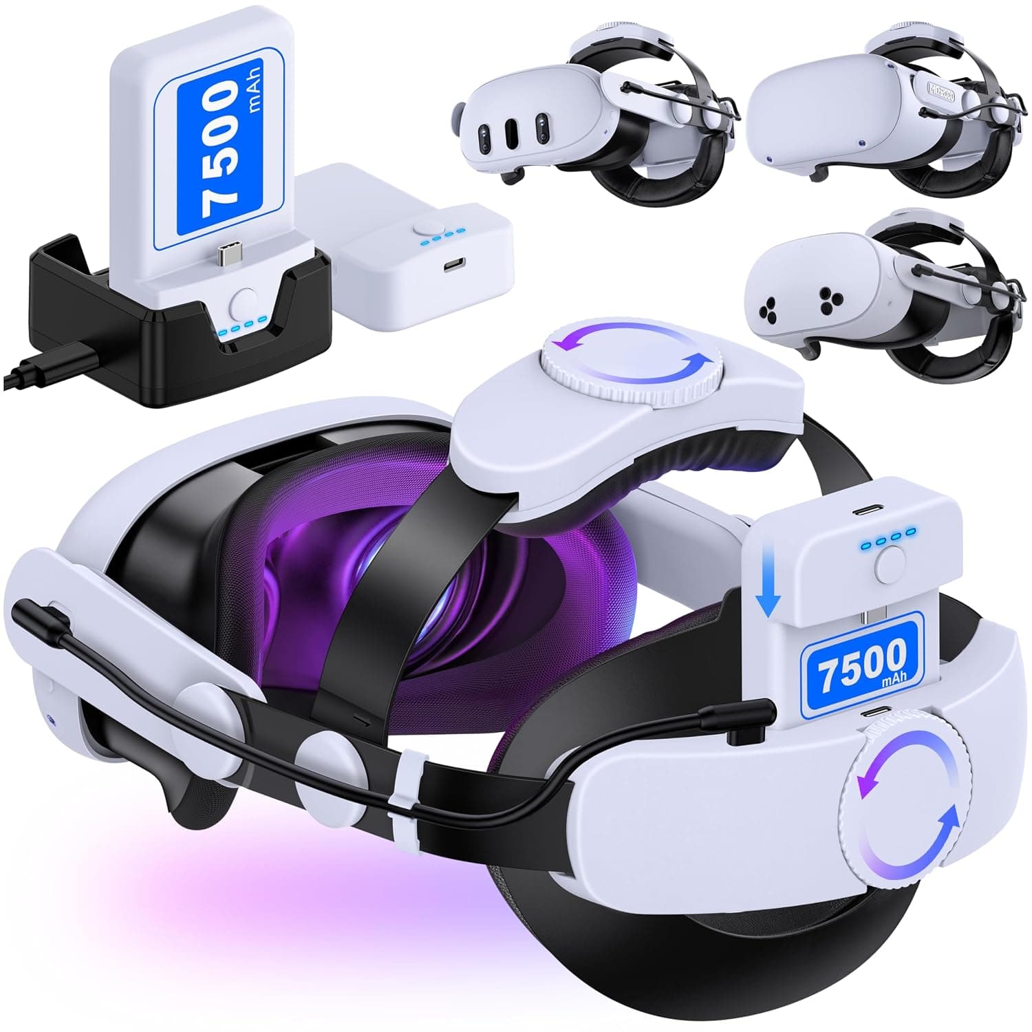 Comfort Head Strap with 2X75000mAh Battery Packs for Meta Quest 3/3S/Quest 2,VR Headset Elite Strap Replacement for Oculus Quest 3/2/3S Accessories with Charging Dock,Directional Adjustable Headstrap