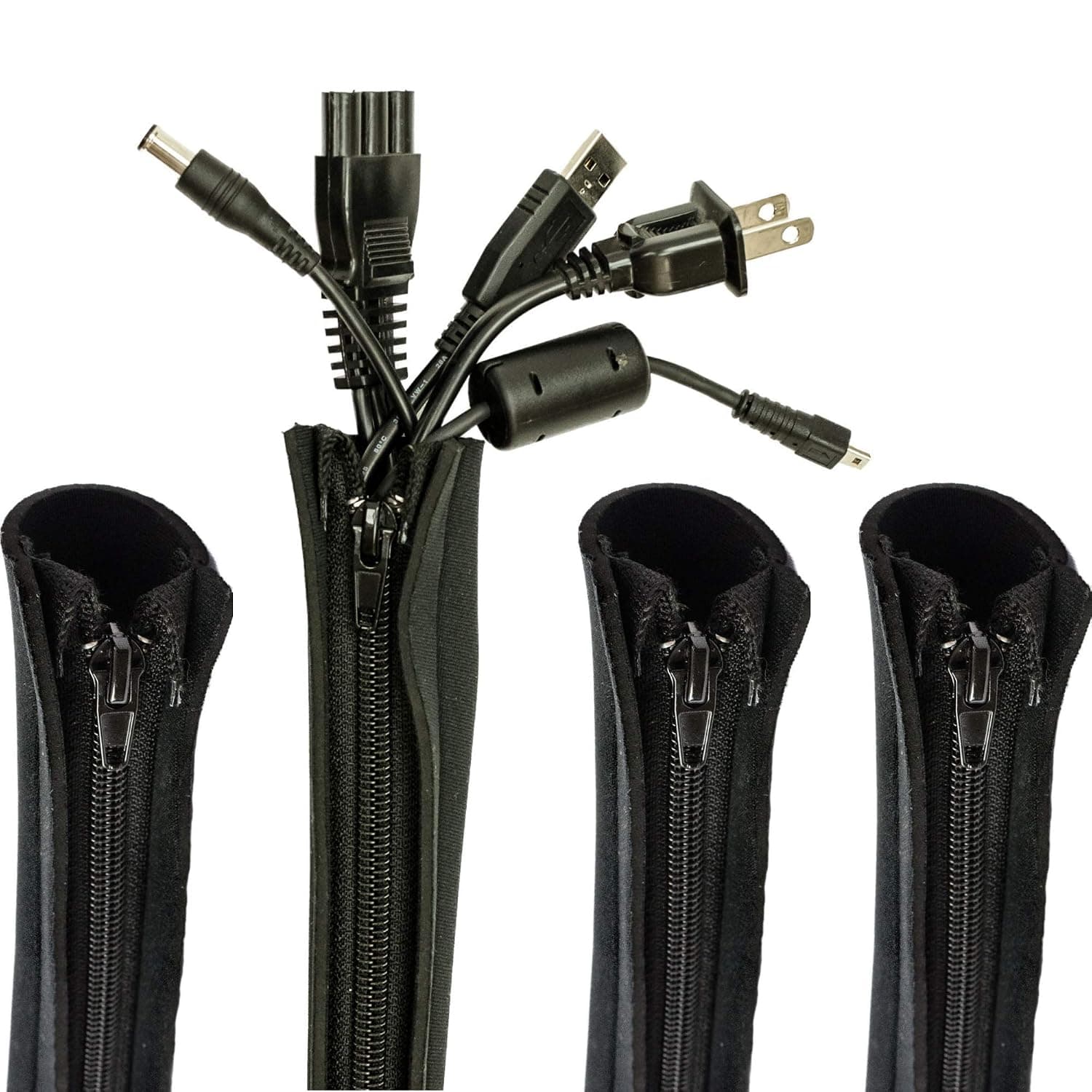 Cable Sleeve, Cable Cover, Wire and Cord Hider - Set of 4 - Computer, TV or Desk Management - Home & Office Organizer Concealer - 20’' - Premium Flexible Neoprene Wrap, Zipper, Conduit (Black)