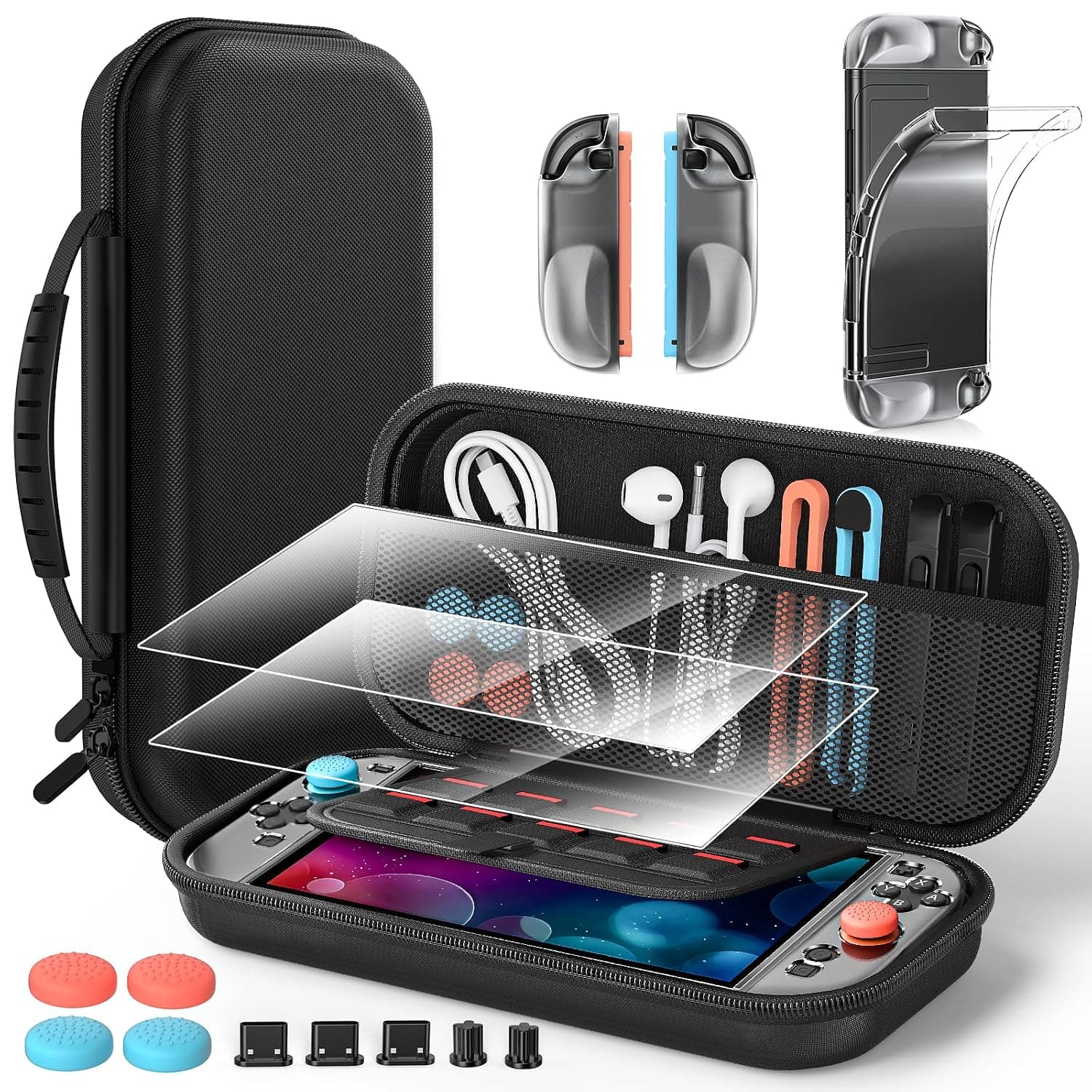 Carrying Case for Nintendo Switch 2 2025, Portable Hard Shell Travel Case with 2 HD Screen Protectors (7.9 Inch), TPU Protective Skin, Dust Plugs Kit, 4 Thumb Grips – Switch 2 Protective Case