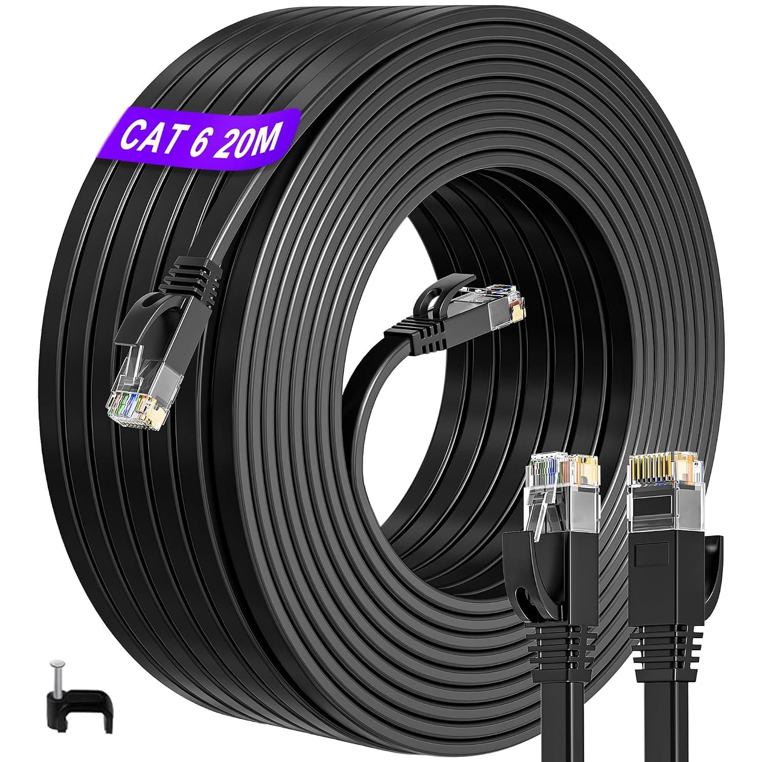 ikbc Ethernet Cable 20m, Cat 6 Flat Black, Gigabit RJ45 LAN Network Lead | 1000Mbps High Speed Patch Cord, Ultra Thin under Carpet, Pure Copper for Gaming PS5 & BT, includes 20 Clips