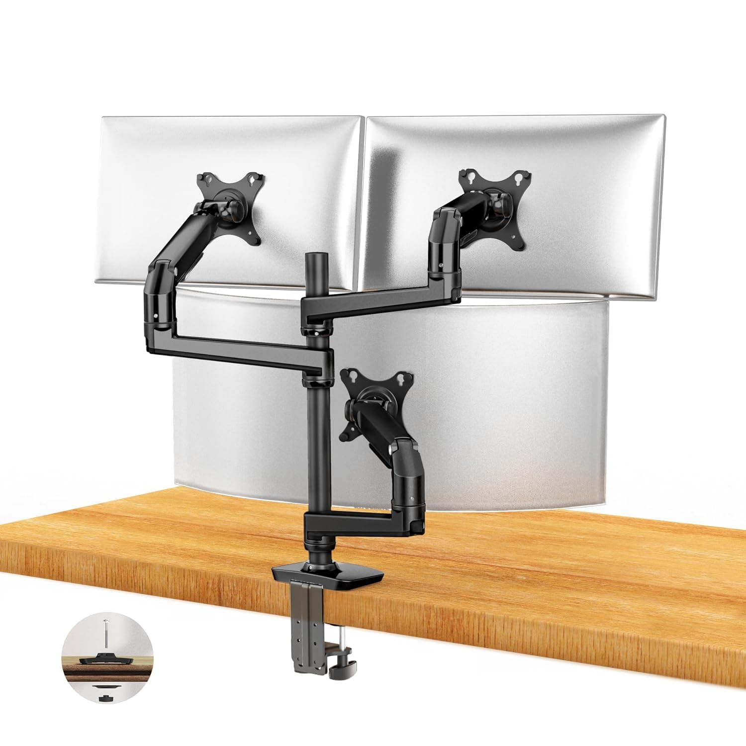 Ergounion Triple Monitor Mount - Adjustable 3 Monitor Desk Mount, Stand for Screens up to 40 Inches, 25 lbs Max, C-Clamp & Grommet Base - Black
