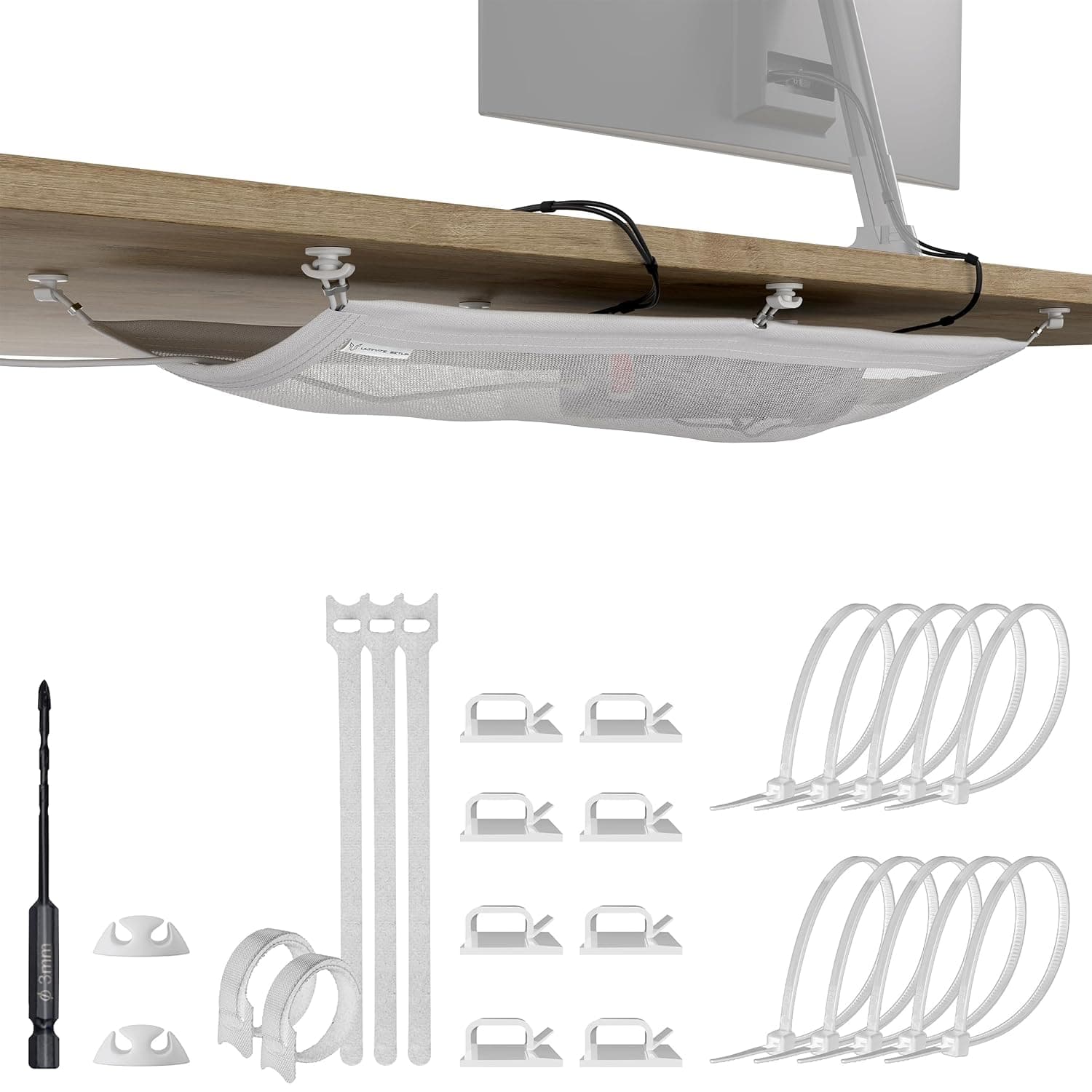 Desk wire organiser – Flexible under desk cable net, holds 10 kg, white | Flexible mesh · Secure screw mounting · Holds cables and extension leads · Easy access from all sides · Desk wire organiser