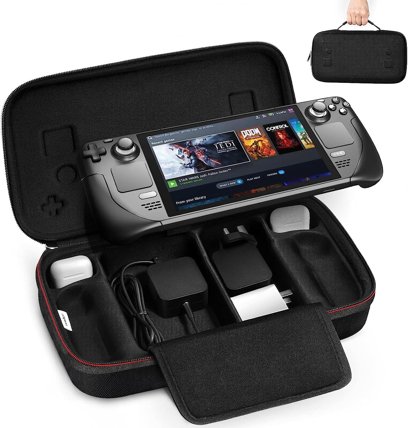 ivoler Case for Valve Steam Deck, Protective Hard Shell Carry Bag with Large Capacity Built-in AC Adapter Charger Storage, Pouch Deck Console & Accessories, Black, (AMUSA030310014)