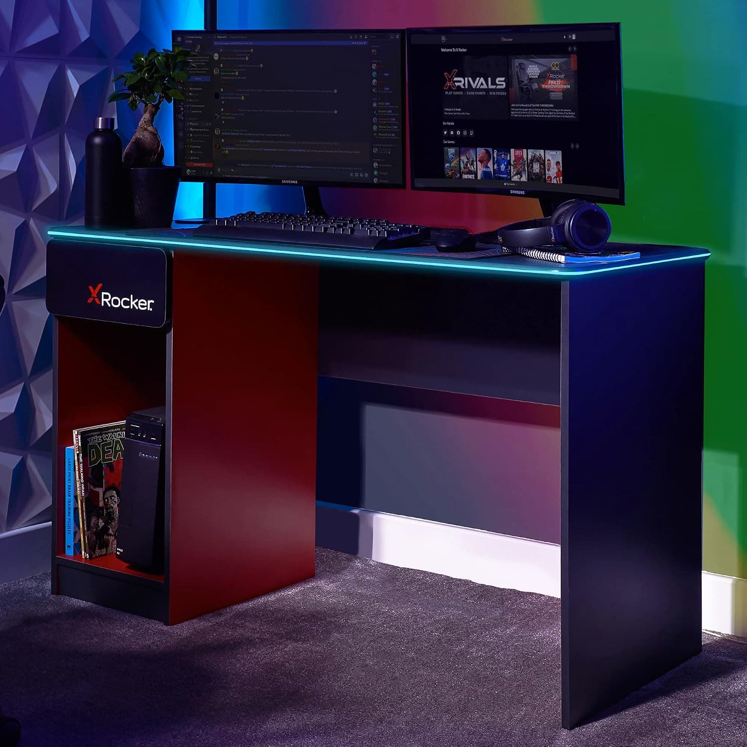 X-Rocker Carbon-Tek 120cm x 50cm, RGB LED Gaming Desk - Neo Fibre Lighting, Built-In Drawer, PC Storage Shelf, Free Standing, Durable, Sturdy Wooden Frame for Kids & Teens - Grey & Red