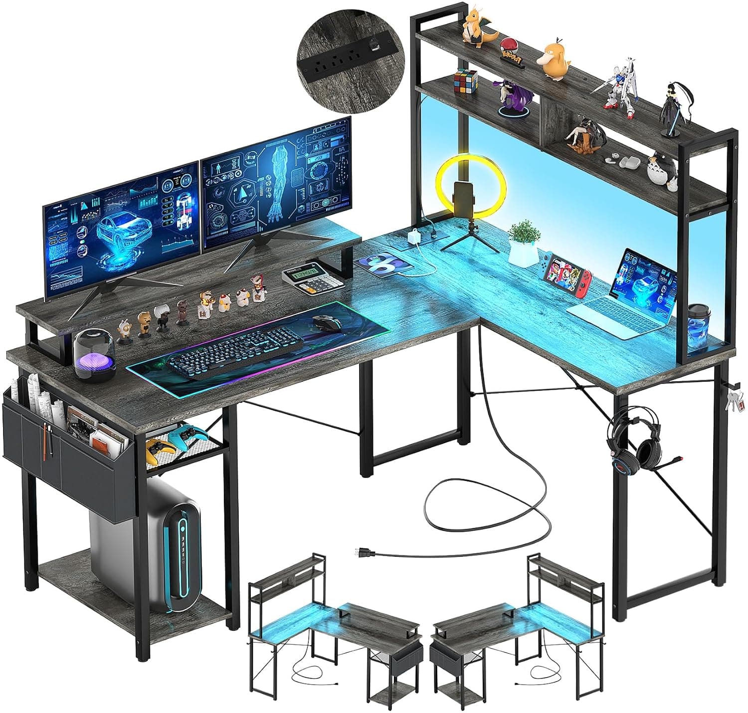 Aheaplus Small L Shaped Desk Gaming Desk with LED Lights & Power Outlets | Reversible L-Shaped Computer Desk with Monitor Stand & Shelf, Corner Desks Home Office Desk with Storage Bag, Black Oak