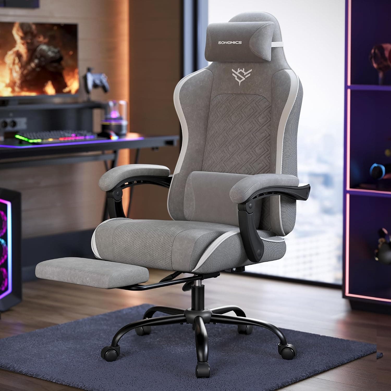 SONGMICS Gaming Chair, Ergonomic Office Computer Desk Chair with Footrest, Spring Seat Cushion, Synchronised Armrests, Dove Grey OBG079GD06