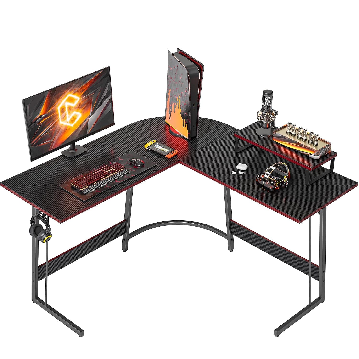 CubiCubi L Shaped Gaming Desk Computer Office Desk, 120 cm Corner Desk with Large Monitor Stand for Home Office Study Writing Workstation, Black Carbon Fiber