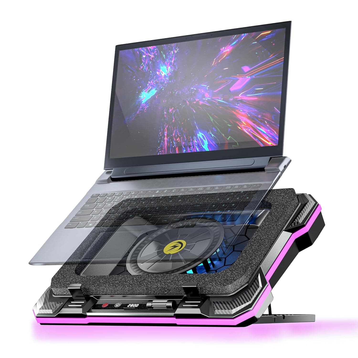 AICHESON Gaming Laptop Cooling Pad with Powerful Turbofan, RGB Cooler with External Variable Speed Fan, 4 USB Ports HUB, Seal Memory Foam Stand for 15.6-18 inch Laptops