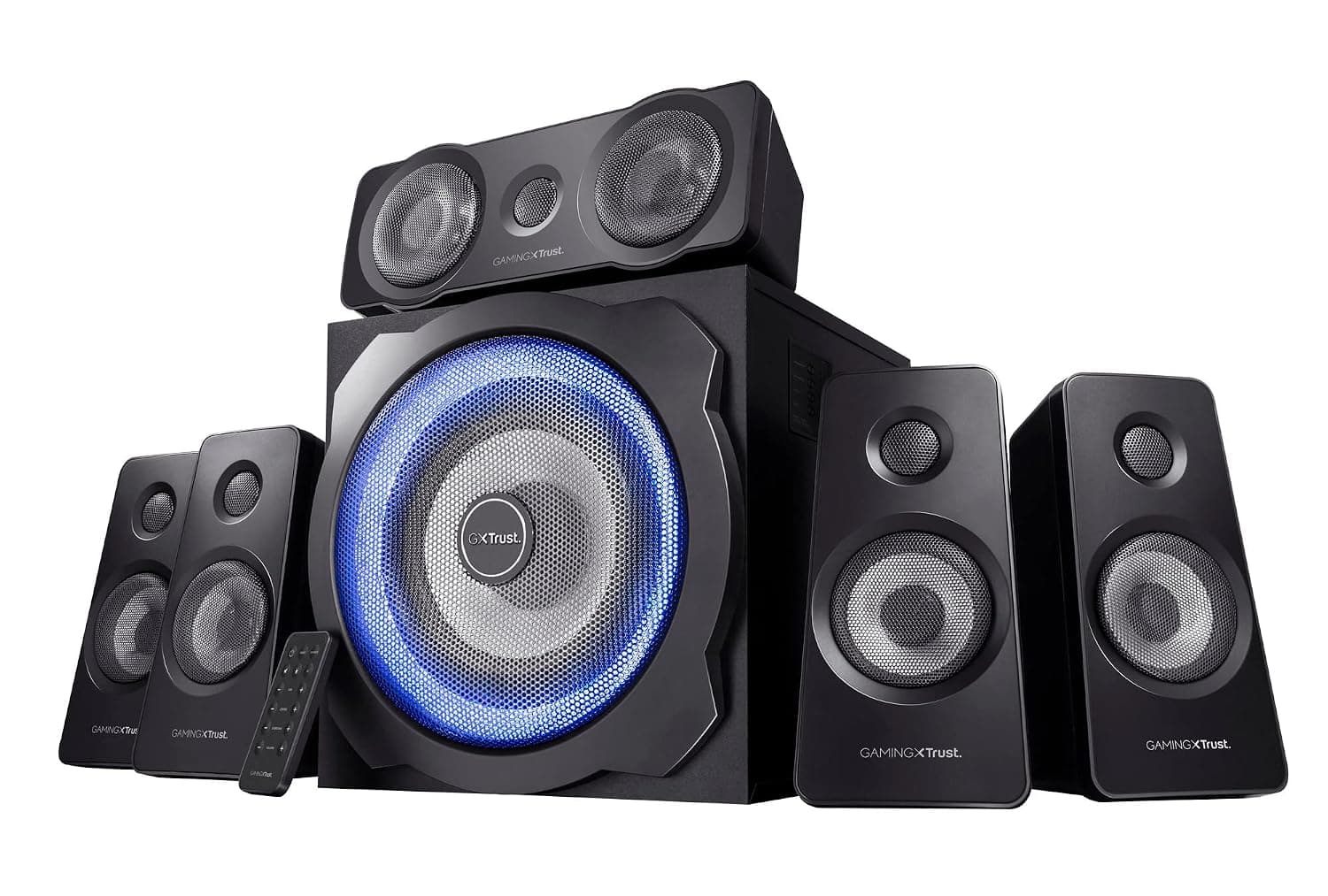 GXTrust Tytan 5.1 Surround Sound Speaker System 180W with Subwoofer UK Plug | Black/Blue LED Illuminated PC Speakers