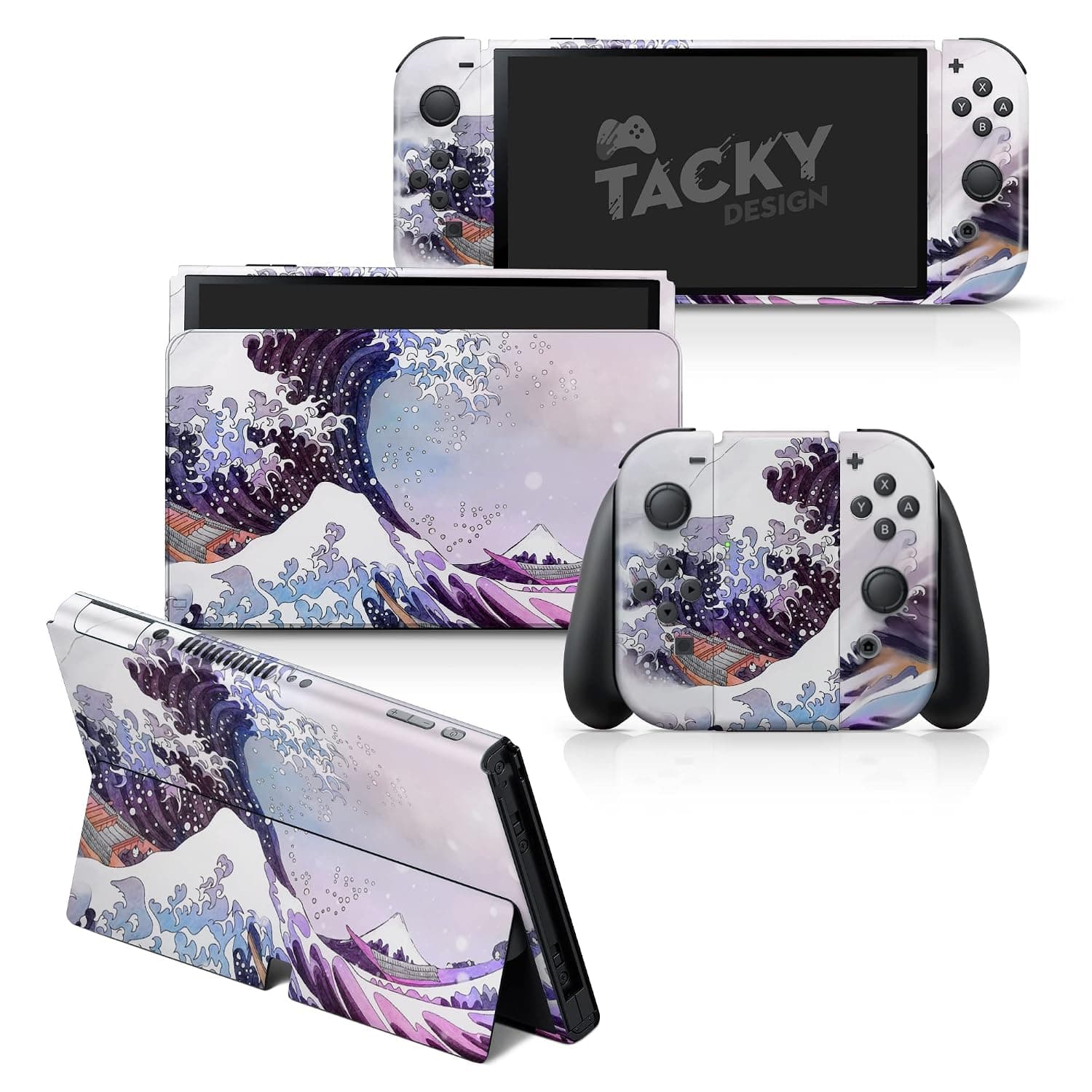 Tacky Design Wave Skin Compatible with Nintendo Switch OLED Skin- Vinyl 3M Nintendo Switch OLED Accessories Stickers Set - Purple for Console, Dock, Joy Con Wrap - Decal Full Wrap