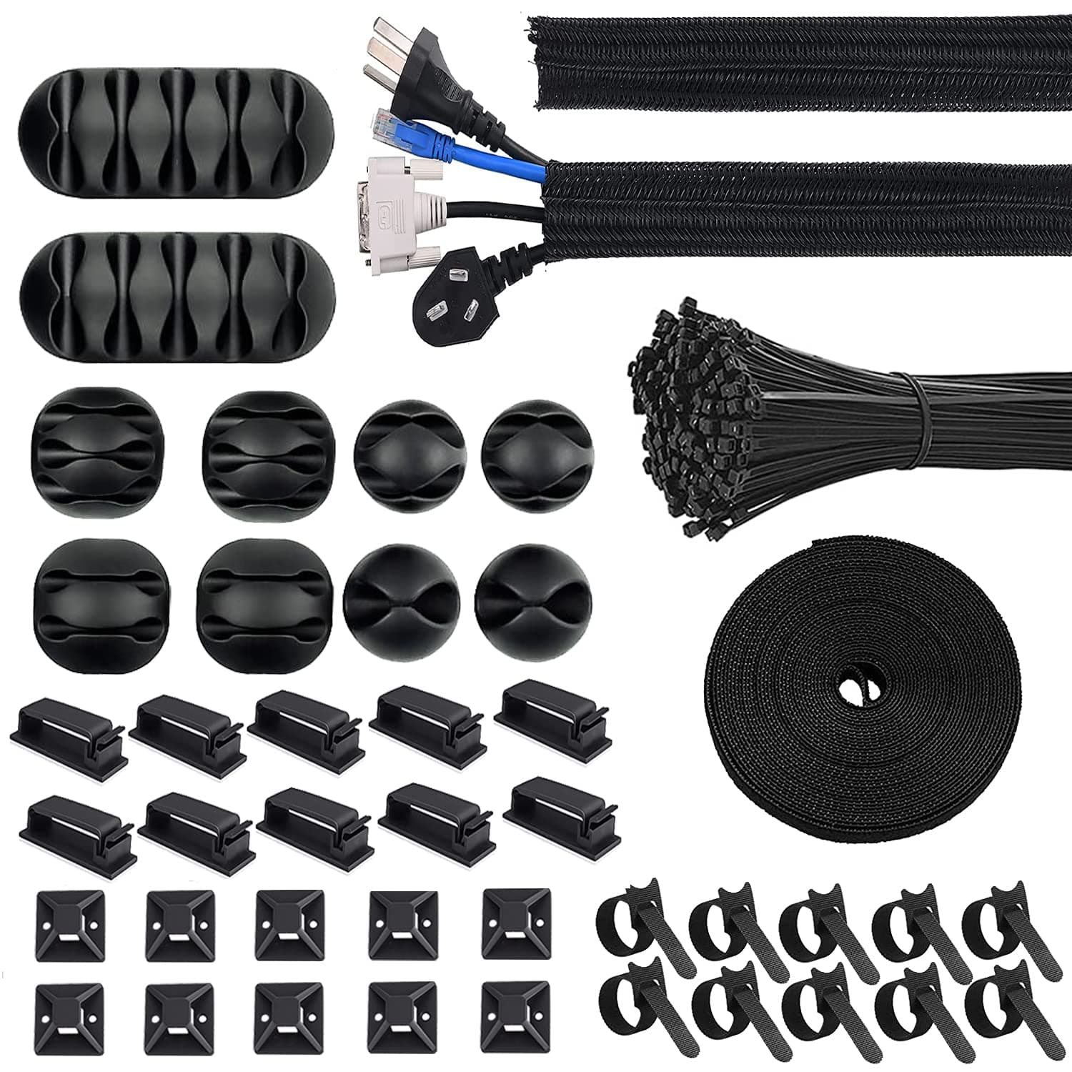 Cable Management, 142Pcs Cable Tidy Organiser for Home Office Under Desk | 1 Cable Sleeve,10 Self Adhesive Base,10 Cable Clips,10 Cable Ties,10 Cord Holder,2 Roll and 100 Wire Fastening Ties