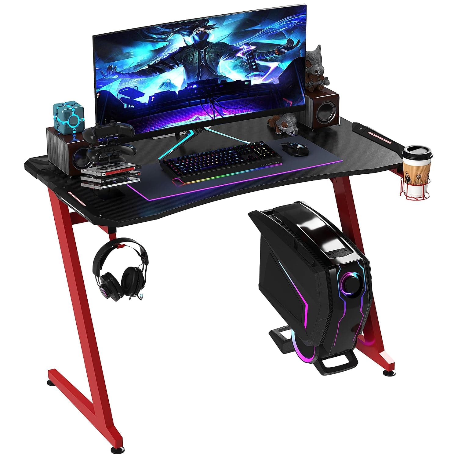 HOMCOM 122 x 66 cm Gaming Desk Headphone Hook Cup Holder Black and Red | Carbon Fibre Covered Computer Desk, Gamer Workstation, Gamepad Storage Rack