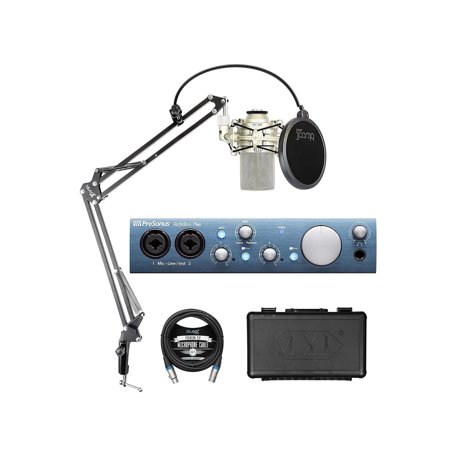 PreSonus AudioBox iTwo USB Audio Interface for Windows, Mac and iPad Bundle with Studio One Artist, MXL 990 Cardioid Condenser Microphone, Blucoil Boom Arm Plus Pop Filter and 10-FT Balanced XLR Cable