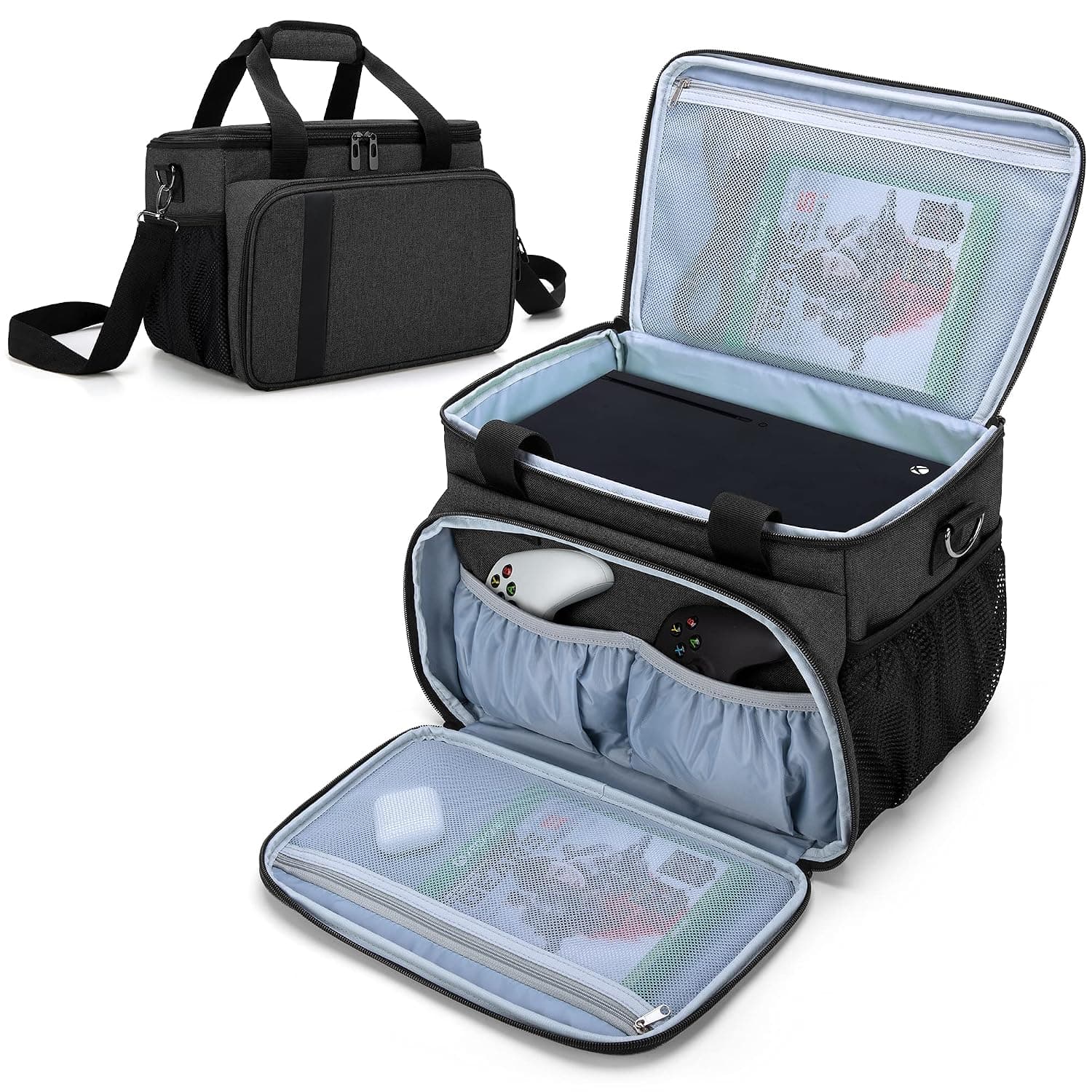 CURMIO Carrying Case Compatible with Xbox Series X Game Console, Portable Carrying Bag with Shoulder Strap for Controllers, Cables, Headsets, Ideal for Game Player, Bag Only, Black (Patent Pending)