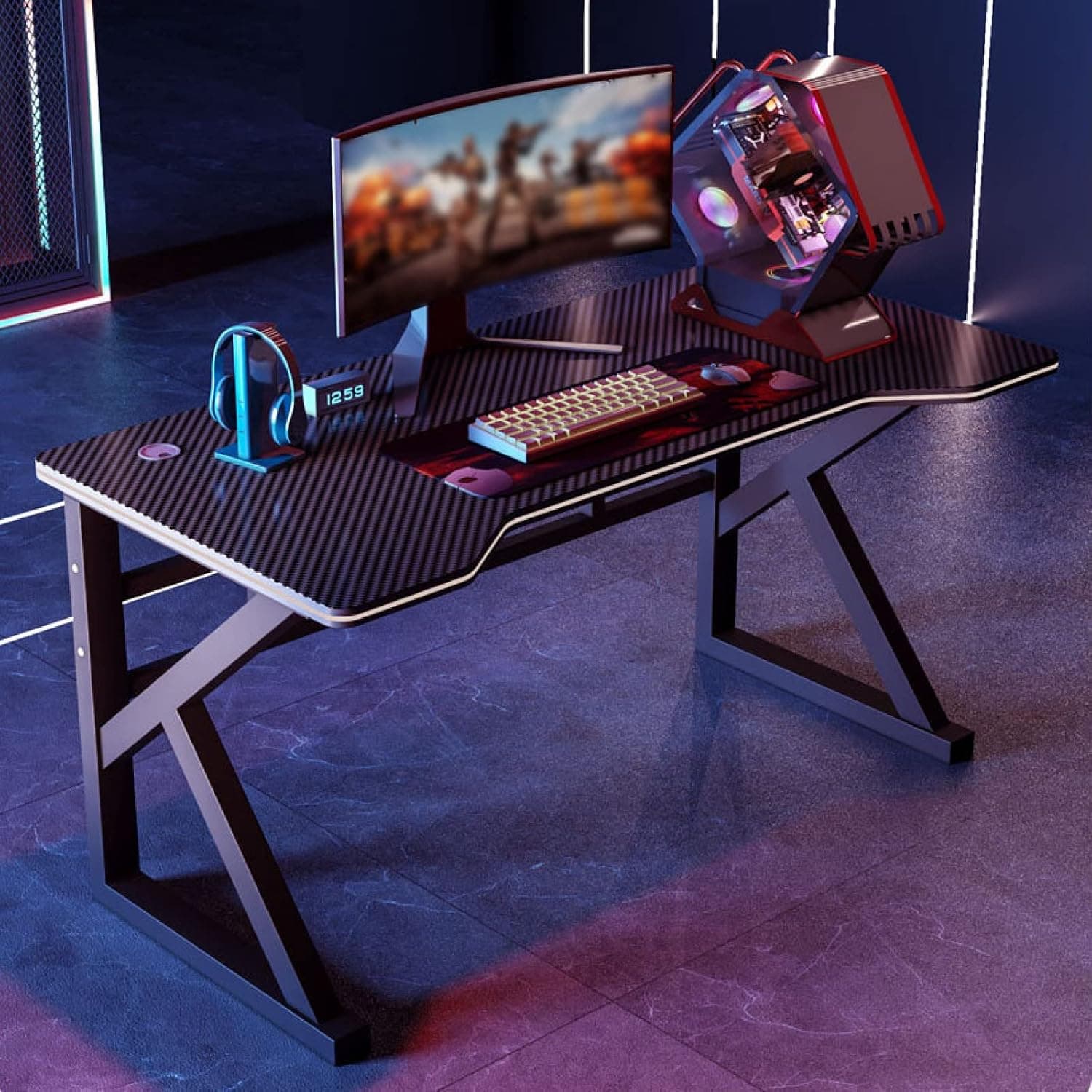 CHEMYO Gaming Desk,K-Shaped Carbon Fiber Surface Computer Desk Home Office Ergonomic PC Desk Gamer Workstation (47 Inch,Black)