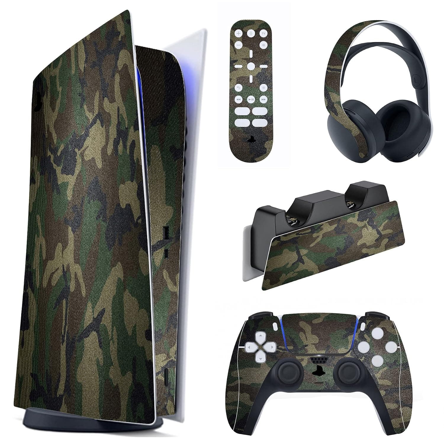 PlayVital Army Green Camouflage Full Set Skin Decal for ps5 Console Digital Edition, Sticker Vinyl Decal Cover for ps5 Controller & Charging Station & Headset & Media Remote | Self Adhesive Vinyl Decal for ps5 Controller&Charging Station&Heads&Remote Control-Army Green Camouflage