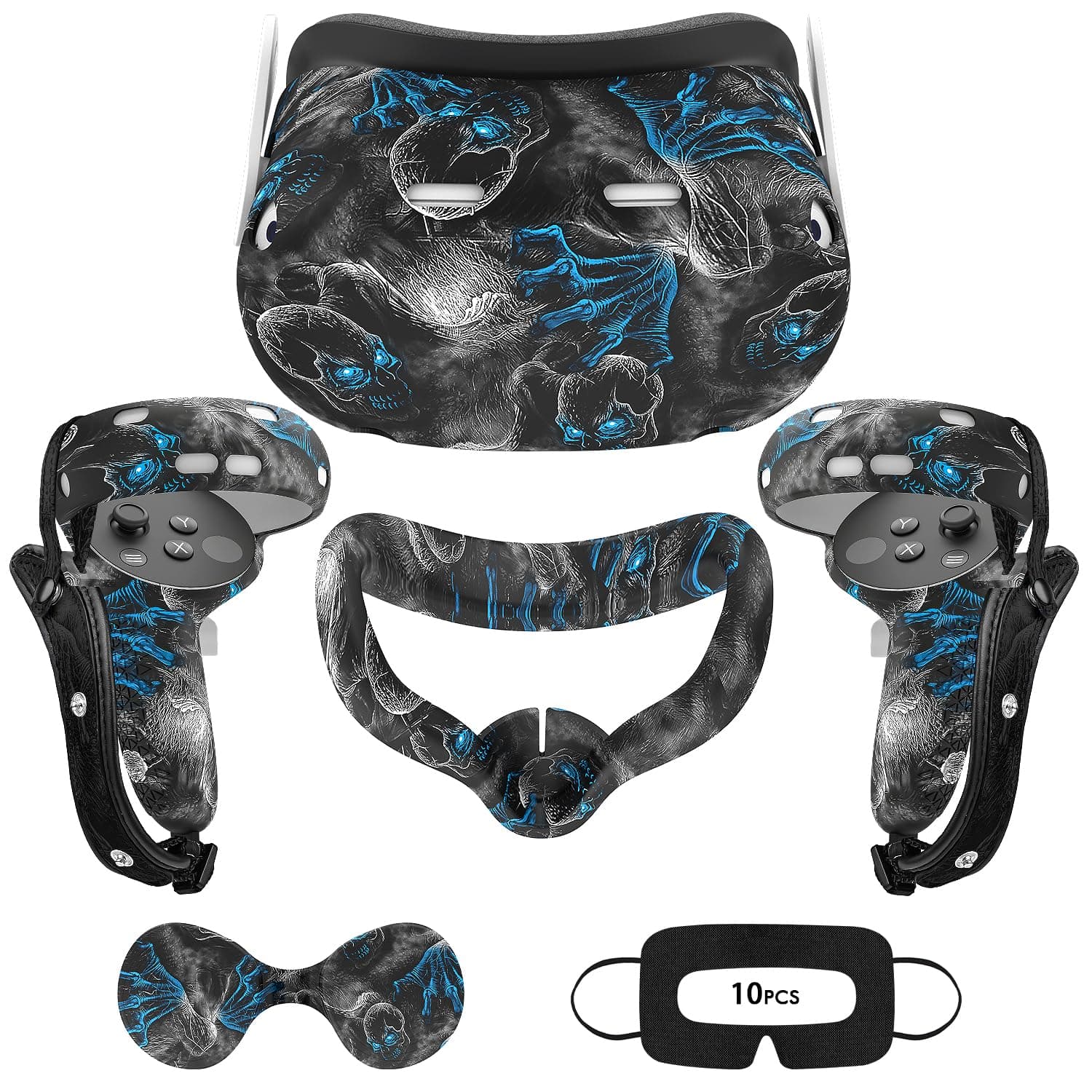 VR Silicone Case Compatible with Meta/Oculus Quest 2, VR Accessory Set, Include Controller Grip Leather Cover, VR Shell Cover, Face Cover, Lens Cover & 10PCS Disposable Eye Cover