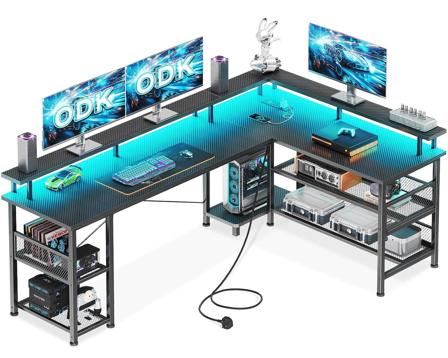 ODK L Shaped Gaming Desk with LED Lights & Power Outlet, 168x120 cm | Reversible Corner Desk with Storage Shelves, Computer Desks with Monitor Stand, Carbon Fiber Black