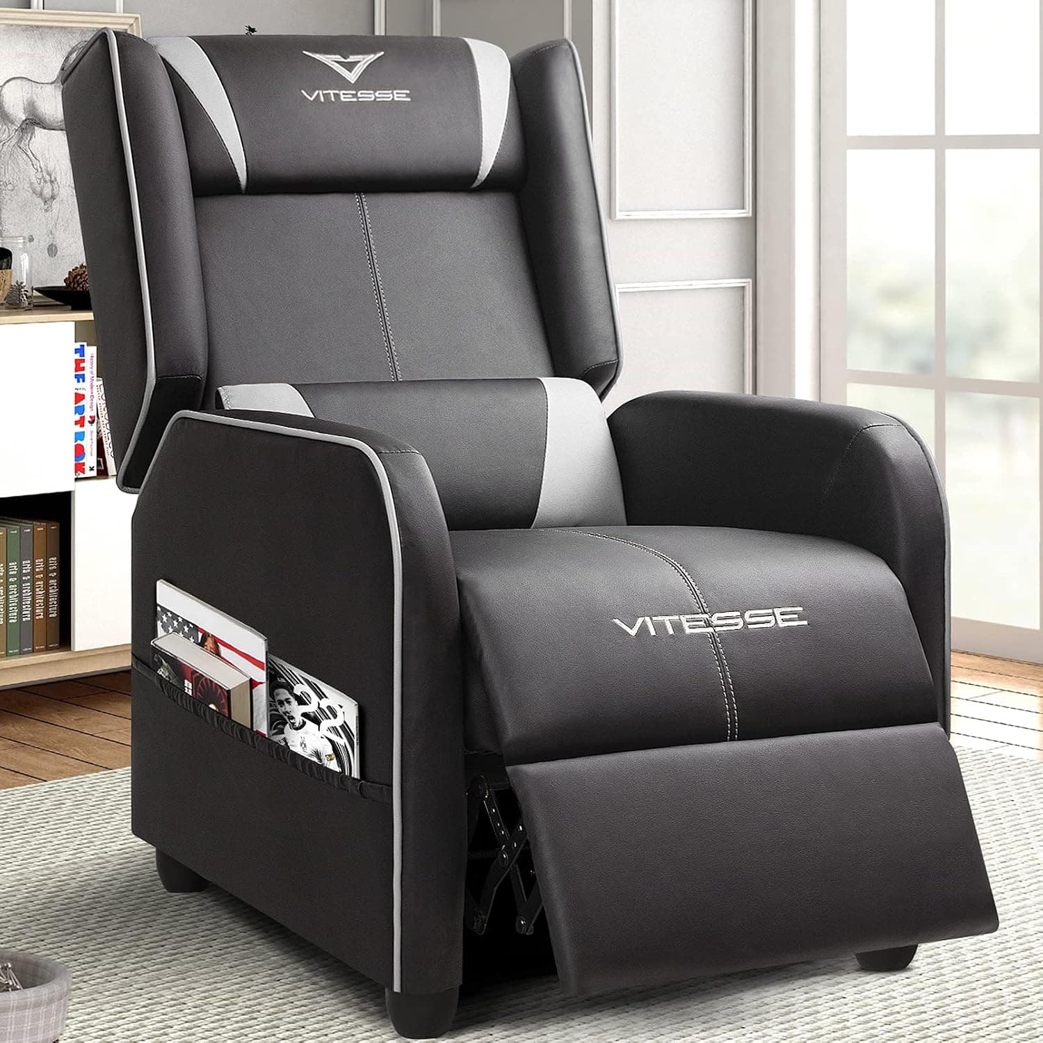 Vitesse Gaming Recliner Chair Racing Style Single Ergonomic Lounge Sofa Modern PU Leather Reclining Home Theater Seat for Living & Gaming Room (White)