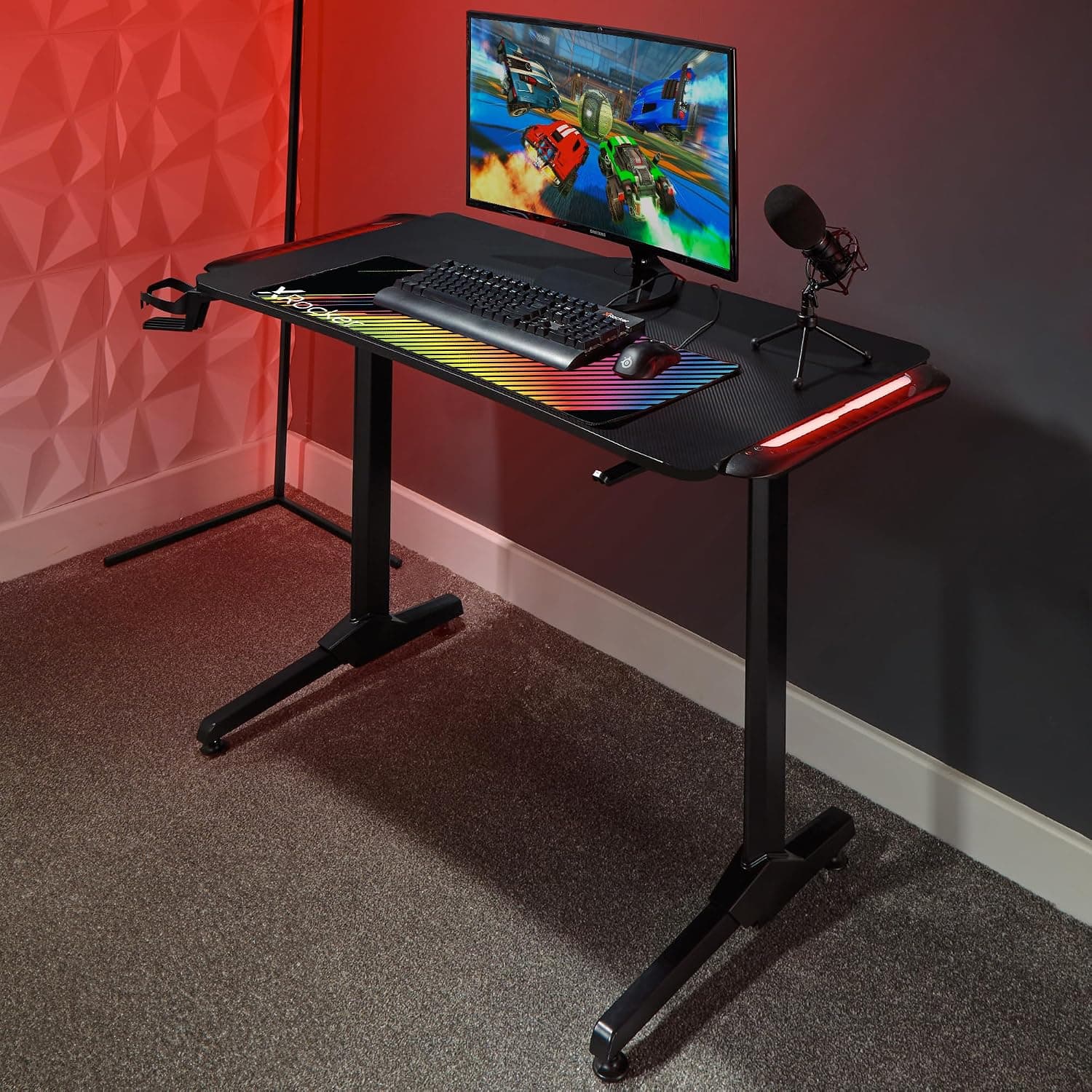 X-Rocker Panther RGB Gaming Desk with Neo Motion Multicolour LED Lighting Technology and Free Mouse Pad Included, Sturdy Home Office Computer Table