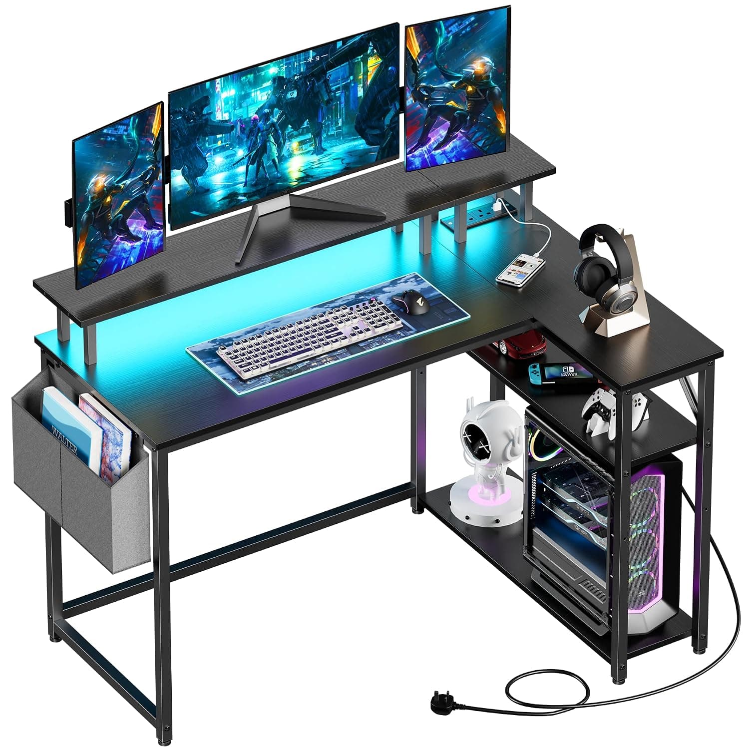 Yornoli L Shaped Desk with Led Lights＆Power Outlet 118CM Corner Gaming Desk for Small Spaces with Storage Shelves Corner Office Desk for Home Office Bedroom