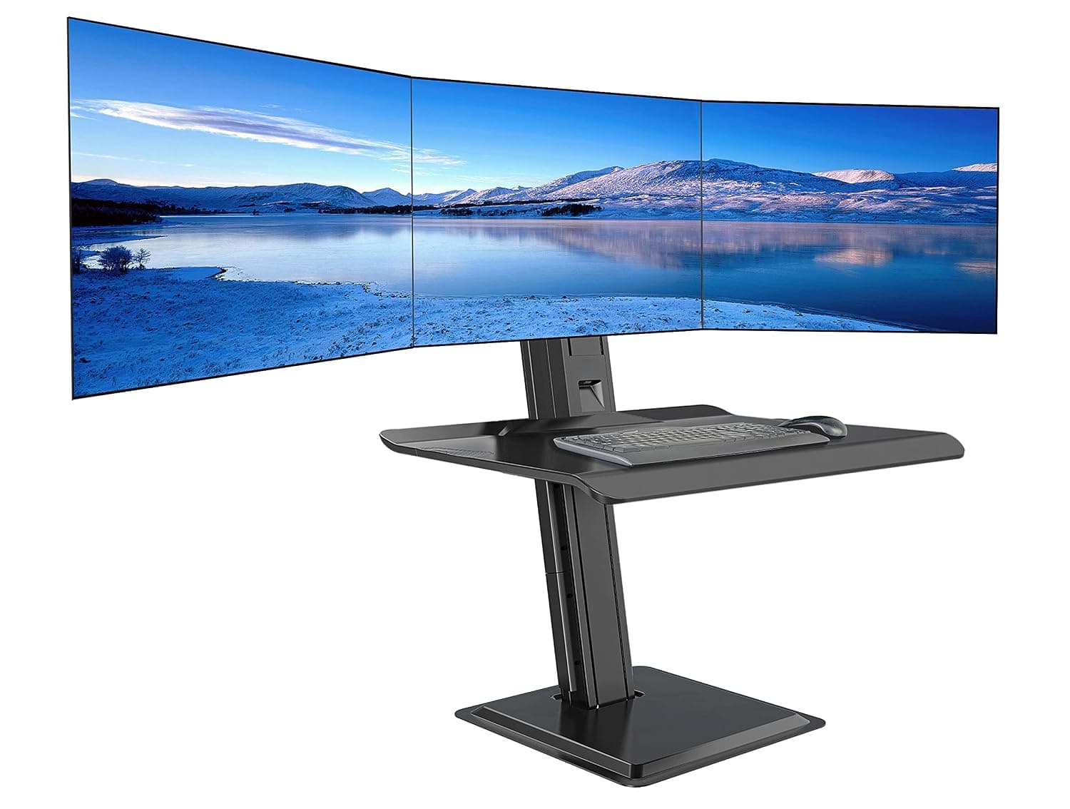 Rocelco 27" Standing Desk Converter with Triple Monitor Arm USB Charger - Quick Height Adjustable Sit Stand Up Computer Tabletop Workstation Riser Mount - Laptop Tablet Keyboard Tray - Black (R WS123)