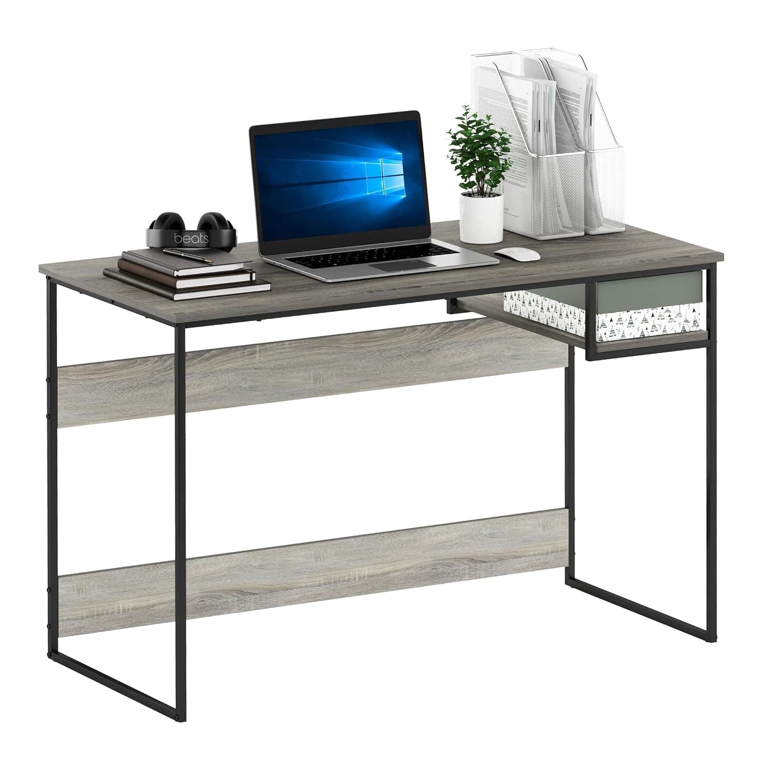 Furinno Moretti Modern Lifestyle Study Desk, Computer Desk, 114 cm (W), French Oak Grey | with Lower Shelf, Open Frame, Rectangular, Gaming Desk, for Computer, Writing, for Home Office, Study Room, Dorm