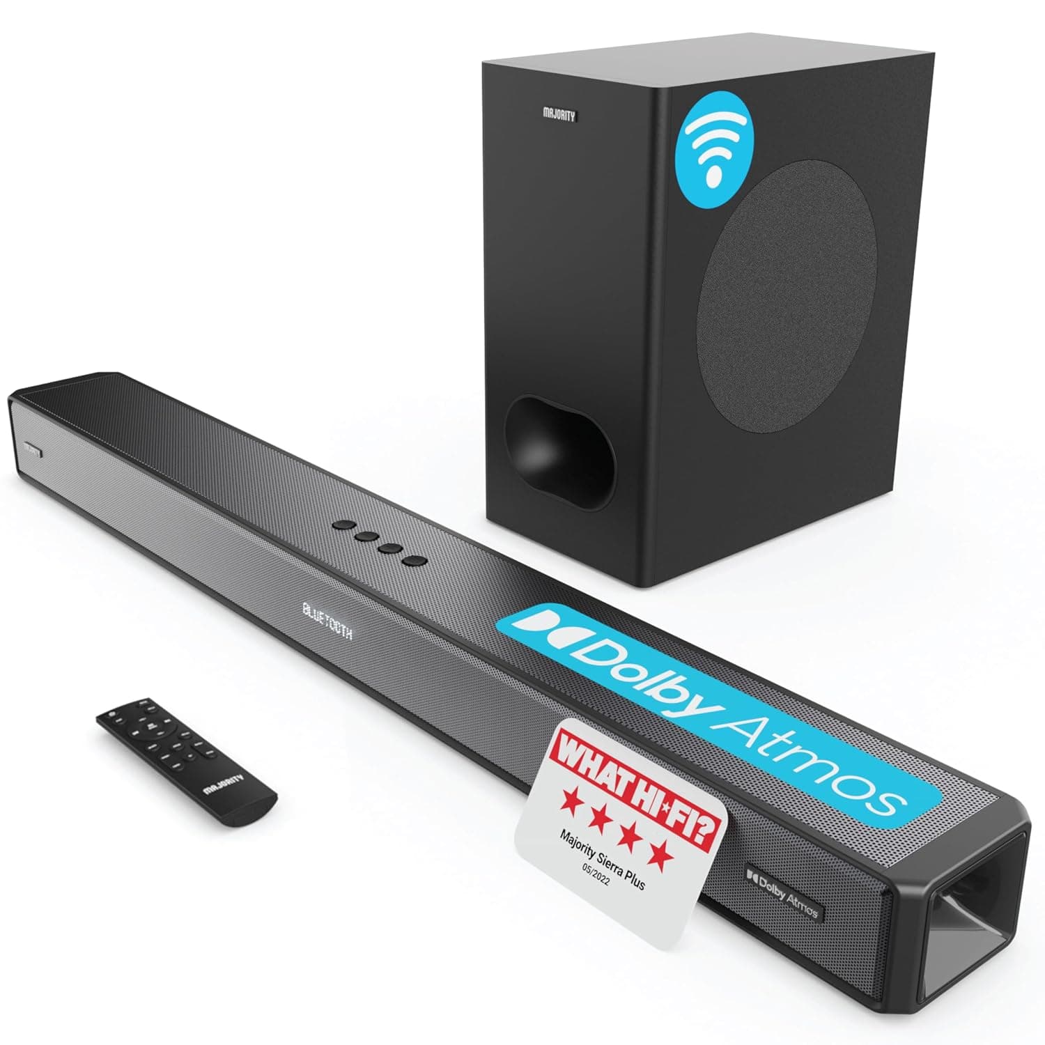 MAJORITY Sierra Plus | Dolby Atmos 2.1.2 Bluetooth Soundbar with Wireless Subwoofer | 400W Up-Firing Surround Sound System For 3D Audio Home Theatre | USB, AUX, Optical, RCA & 3x HDMI | Custom EQ