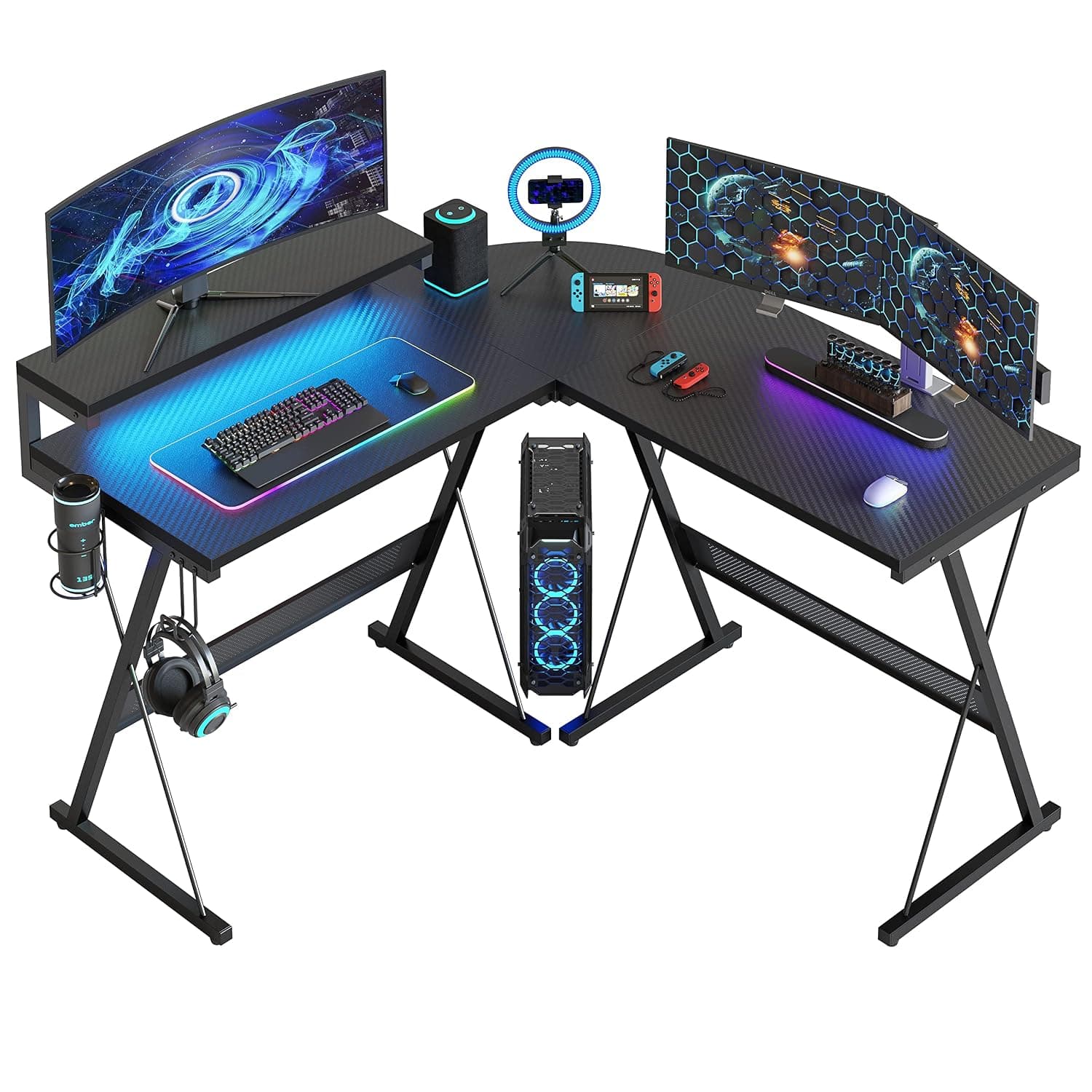 Bestier L Shaped Gaming Desk Computer Desk with LED Lights Monitor Stand 130CM Corner Desk with Cup Holder Headset Hook Ergonomic for Home Office Small Space, Black (113-094)
