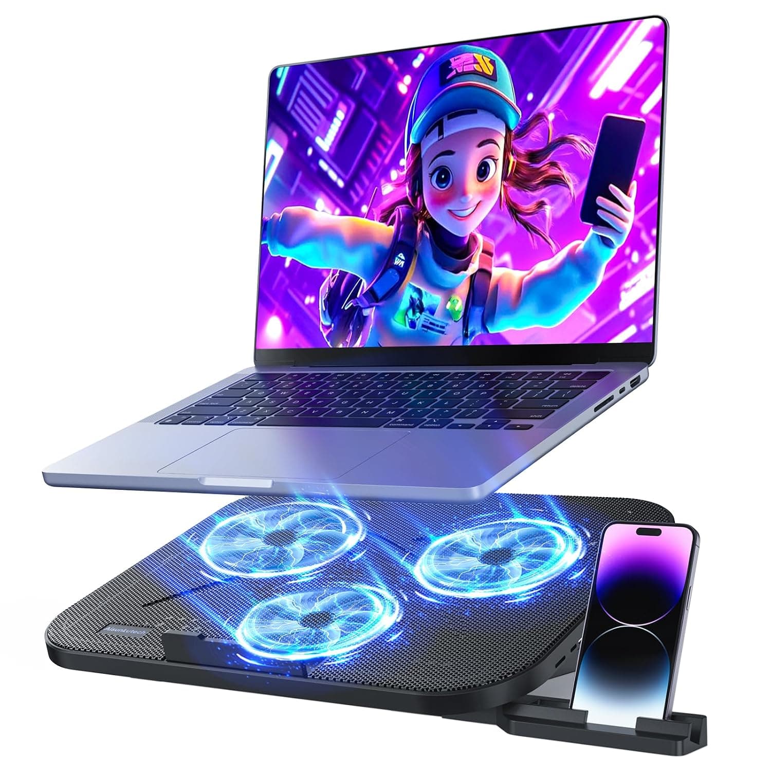 Laptop Cooling Pad with 3 Quiet Fans, 5-Level Height Adjustable Ergonomic Stand, 2 USB Ports & Phone Holder, Fits 12-17 Inch Laptops, Family-Friendly for Gaming/Work/Online Class