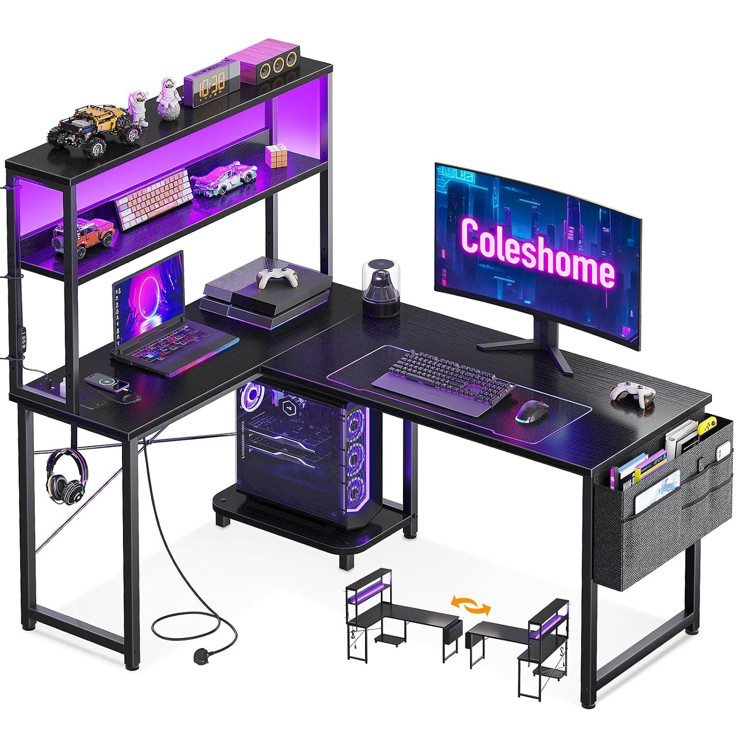 Coleshome L Shaped Gaming Desk with LED Lights & Power Outlet, Black | 110 × 80 cm Reversible Computer Desk with Shelves, Corner Desks with Storage Bag & Hook for Home Office